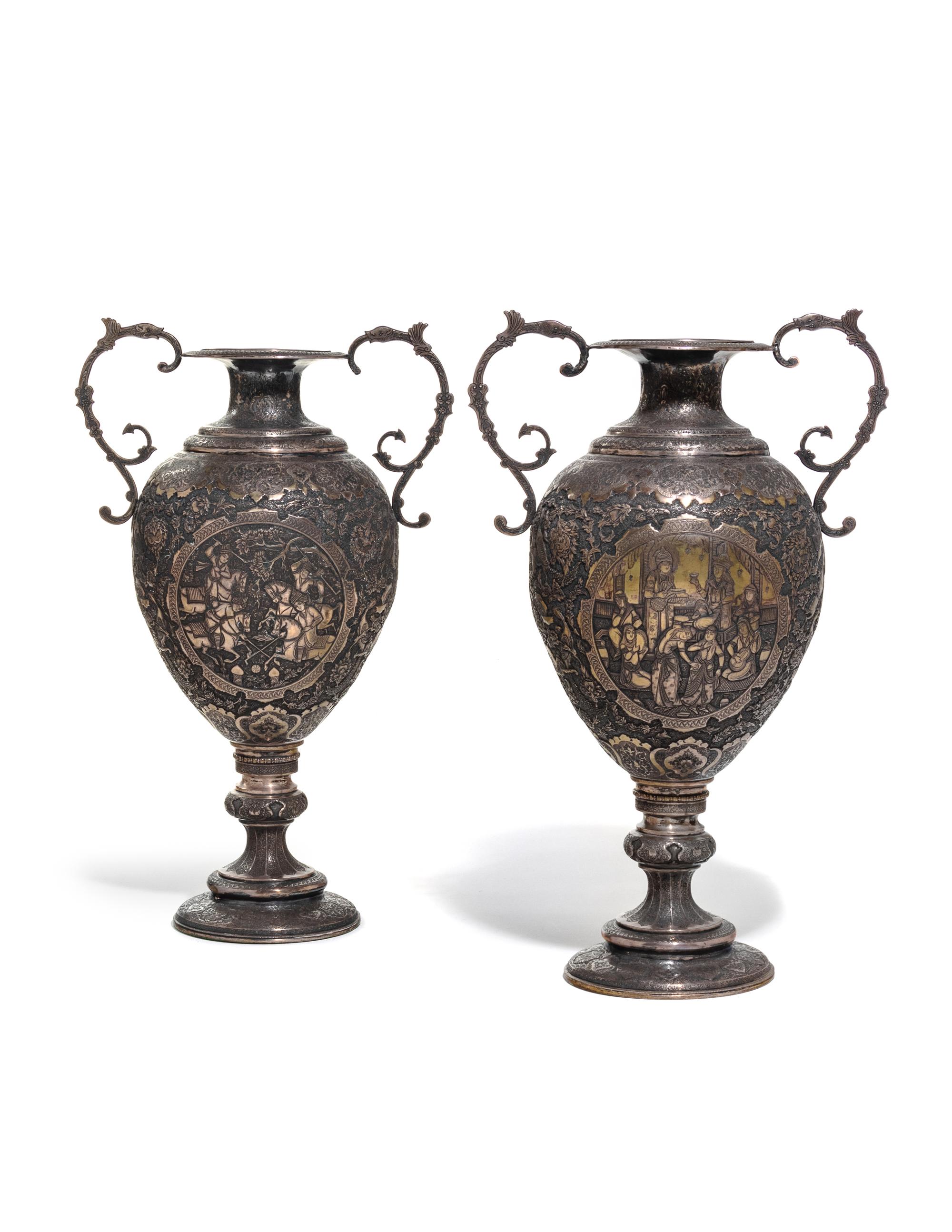 A Pair of Persian Silvered Copper Vases