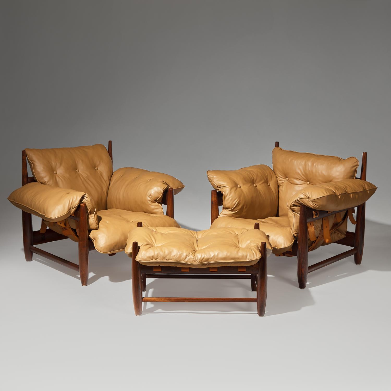 Mole armchairs, pair, and ottoman, 1957 Brazil