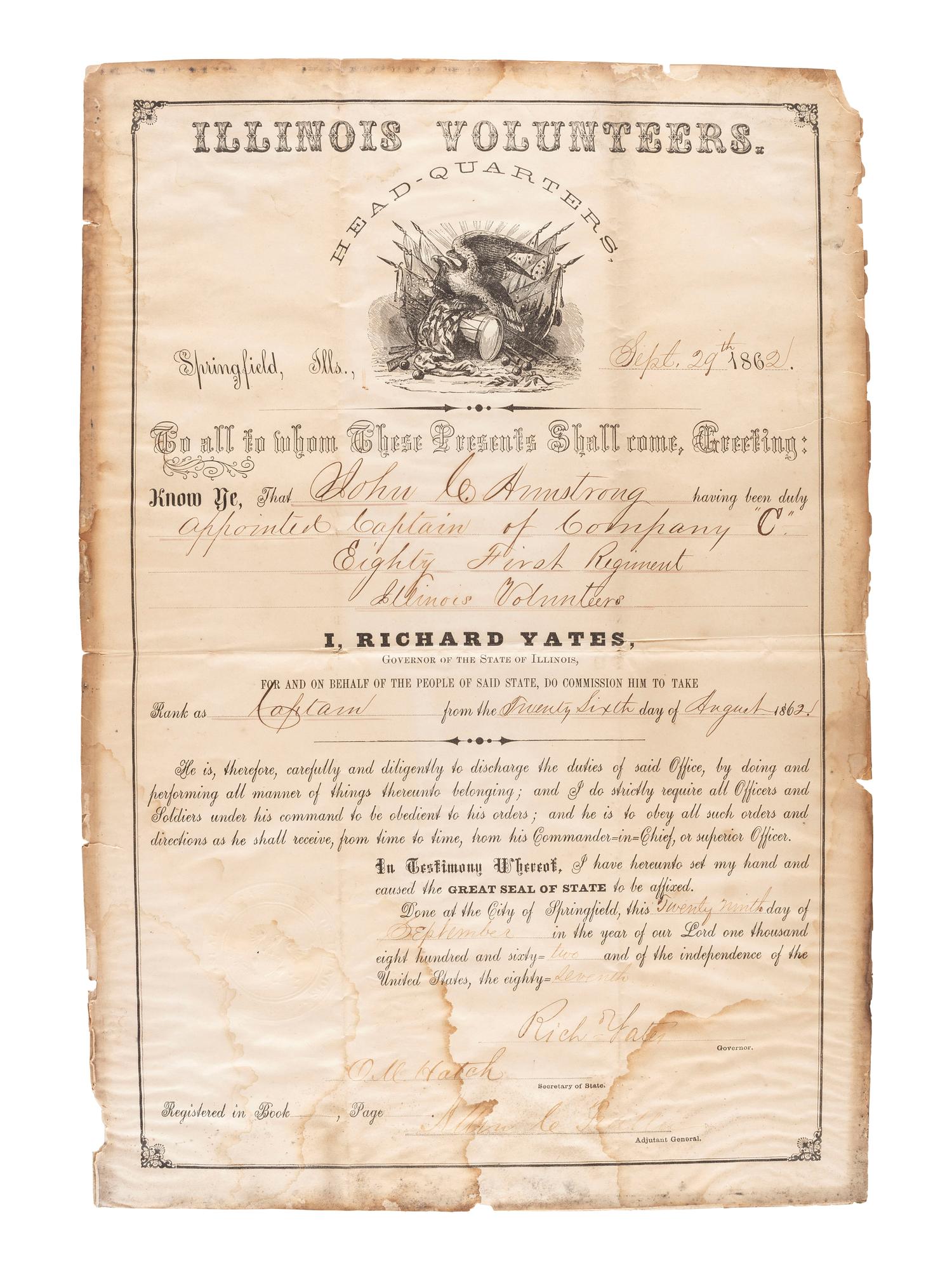 [CIVIL WAR] YATES, Richard (1815-1873). Illinois Volunteers appointment for Darius Sullivan signed ("Rich Yates"), as Governor. Springfield, IL, 30 July 1863.