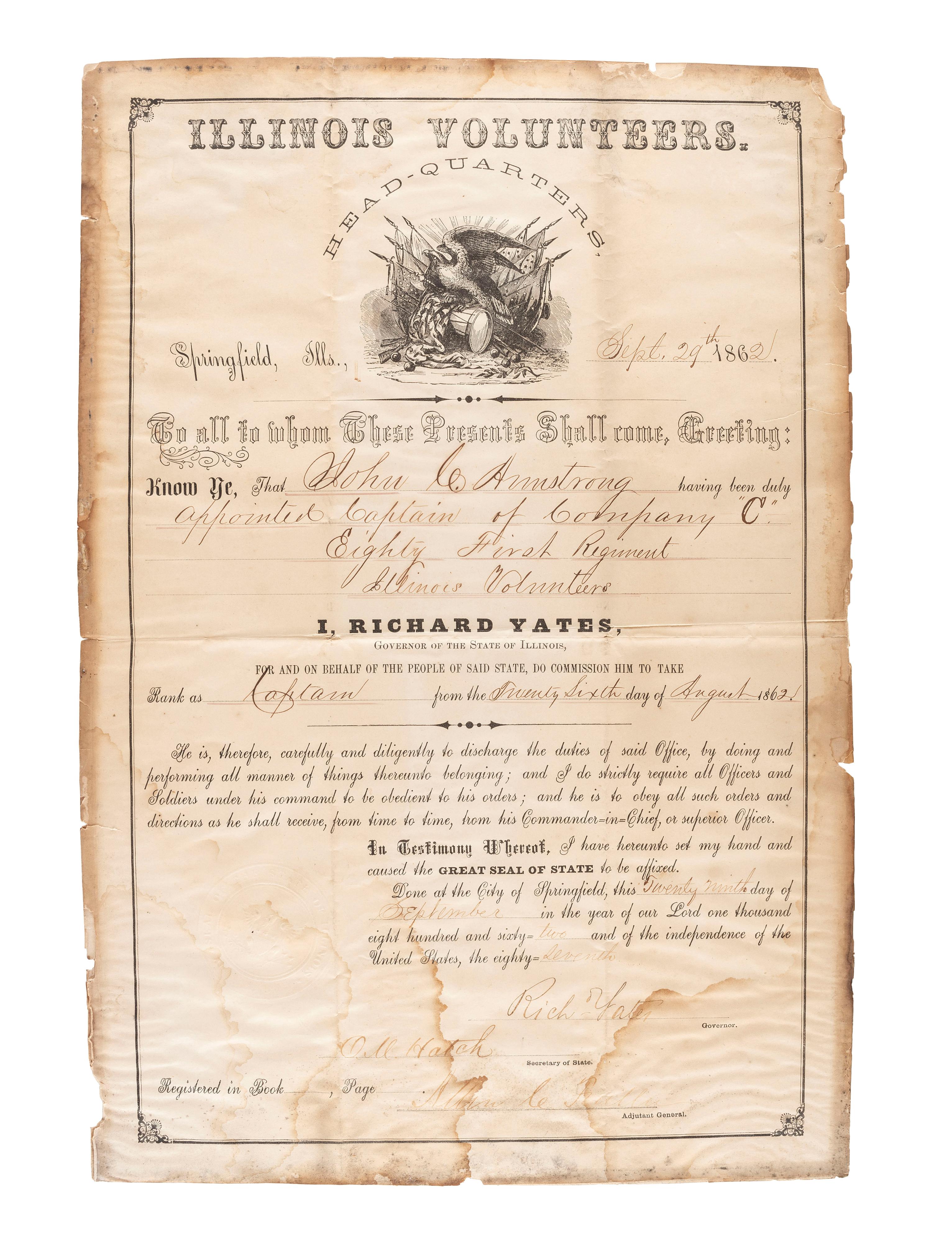 [CIVIL WAR] YATES, Richard (1815-1873). Illinois Volunteers appointment for Darius Sullivan signed ("Rich Yates"), as Governor. Springfield, IL, 30 July 1863.