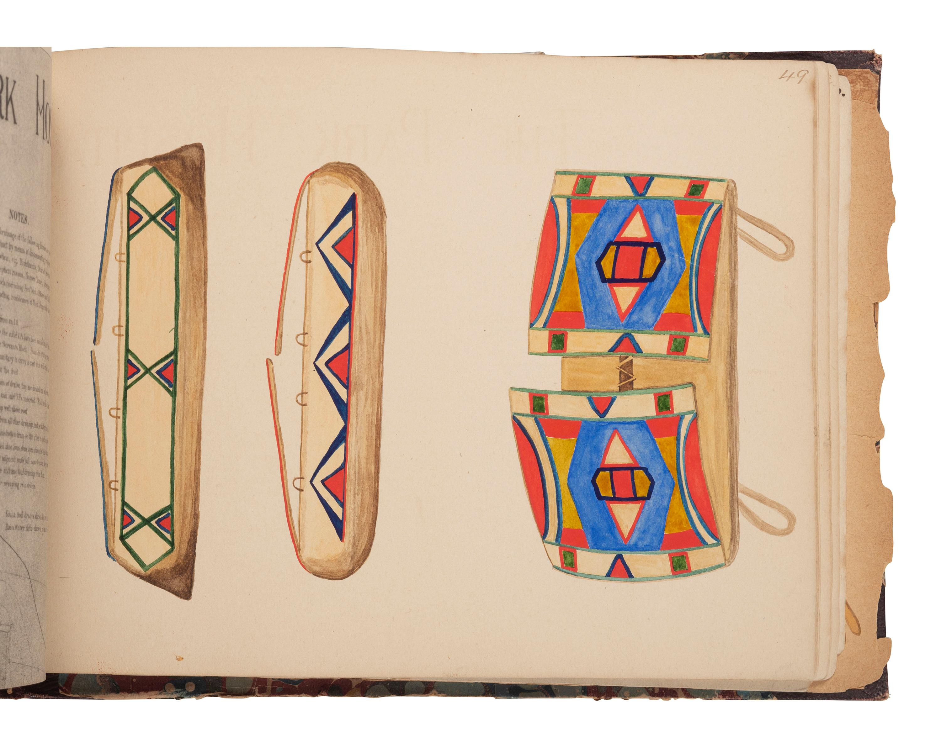 [NATIVE AMERICAN] -- [GOLD RUSH]. An album of watercolor drawings by prospector George V. Storkey (ca 1867-1942) depicting British Columbian Indigenous objects, likely related to the Nlaka’pamux, ca late 1890s-early 1900s.