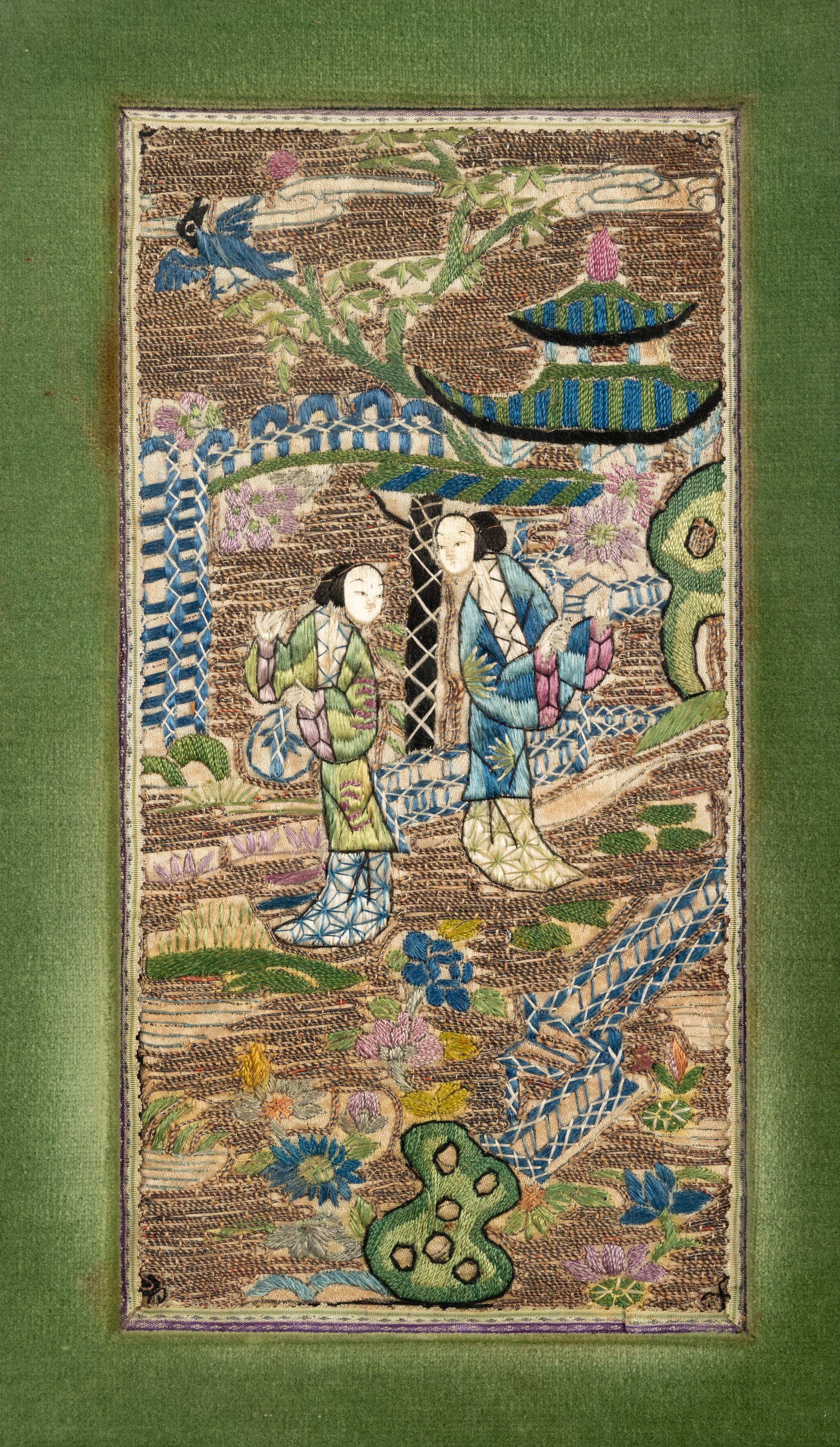 A Pair of Chinese Embroidered Silk Panels