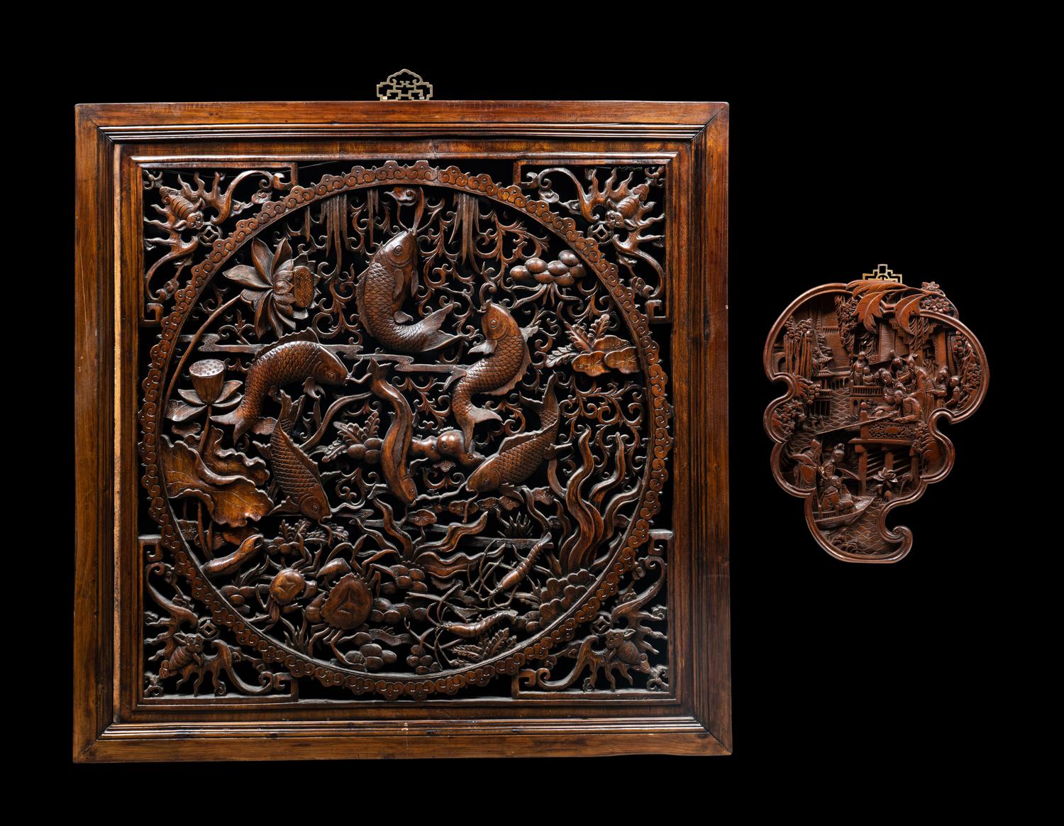 Two Chinese Carved Hardwood Panels