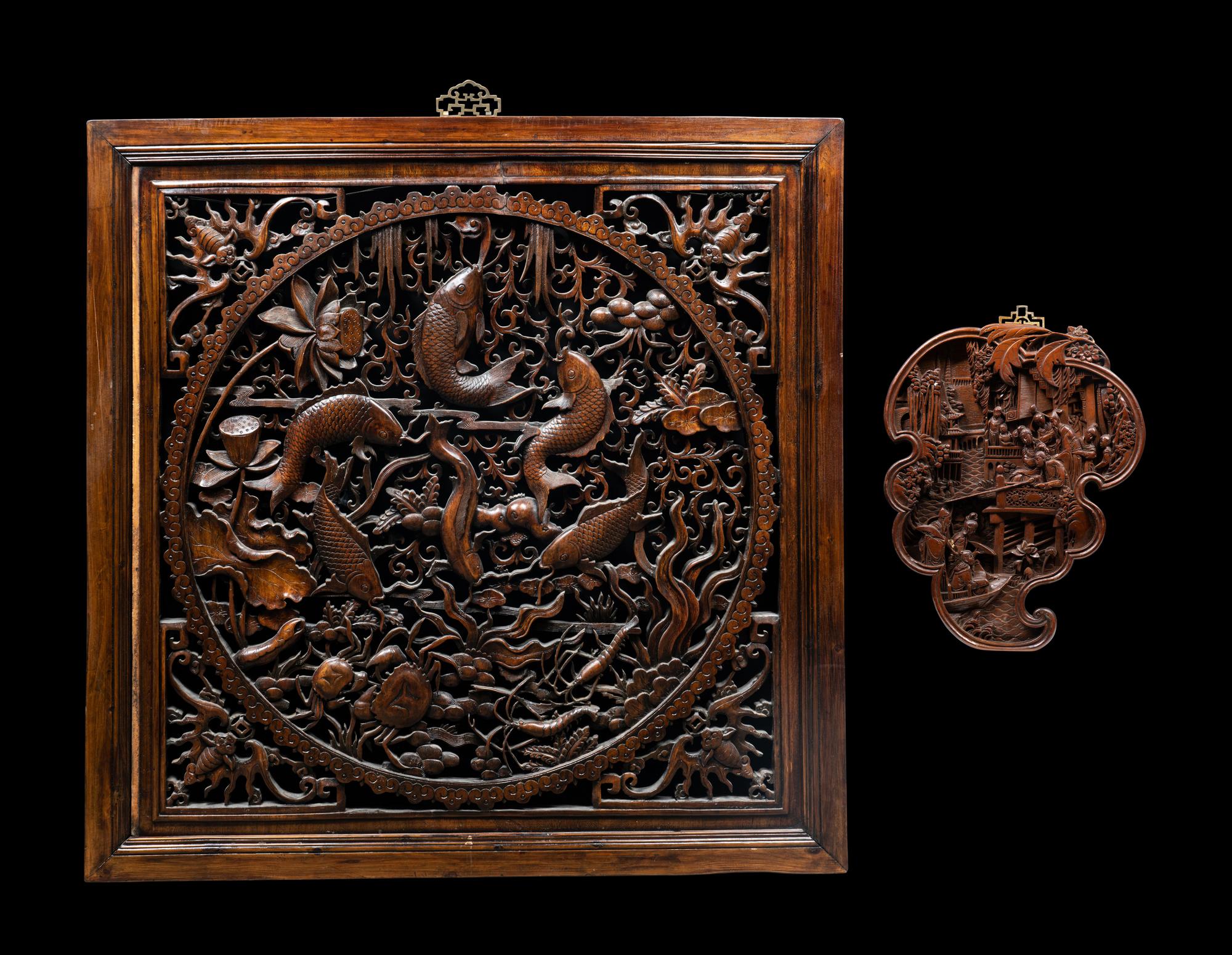 Two Chinese Carved Hardwood Panels