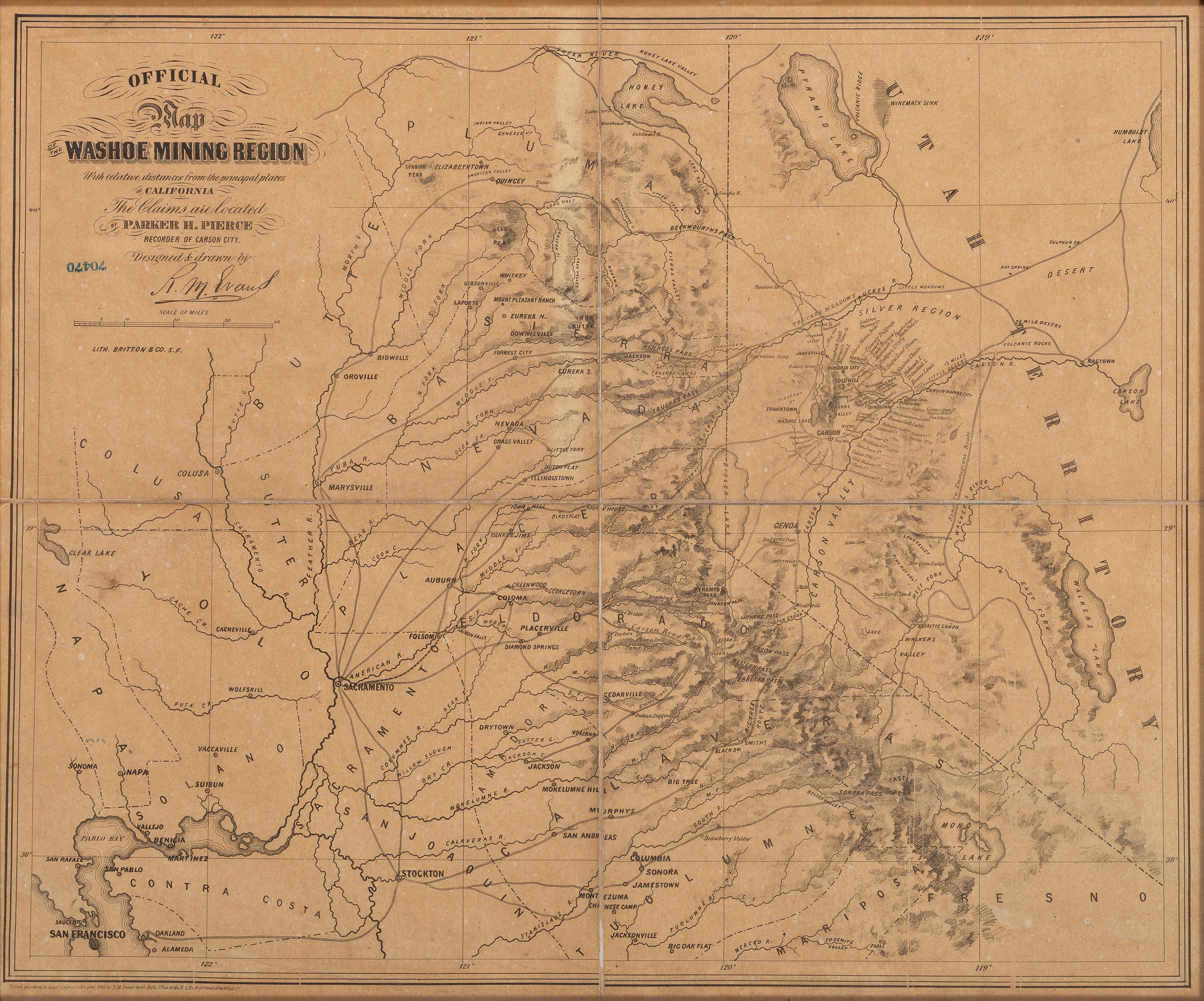 [GOLD RUSH]. EVANS, R. M. Official Map of the Washoe Mining Region... San Francisco: Britton & Co., 1860.