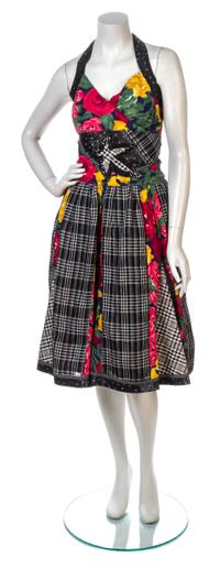 A Koos Van Den Akker Plaid and Floral Cotton Print Skirt Ensemble,