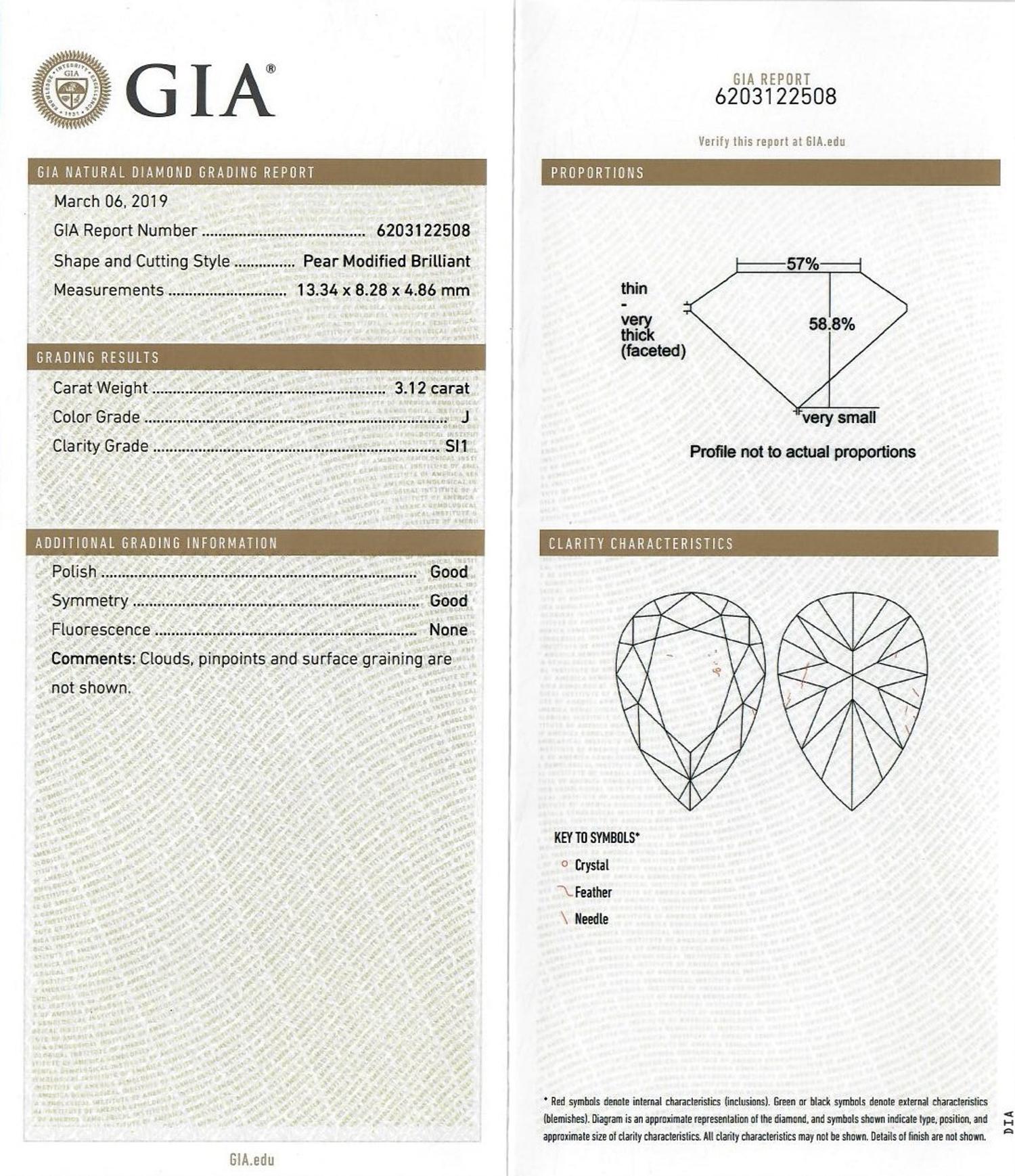 A 3.12 Carat Pear Shape Diamond,