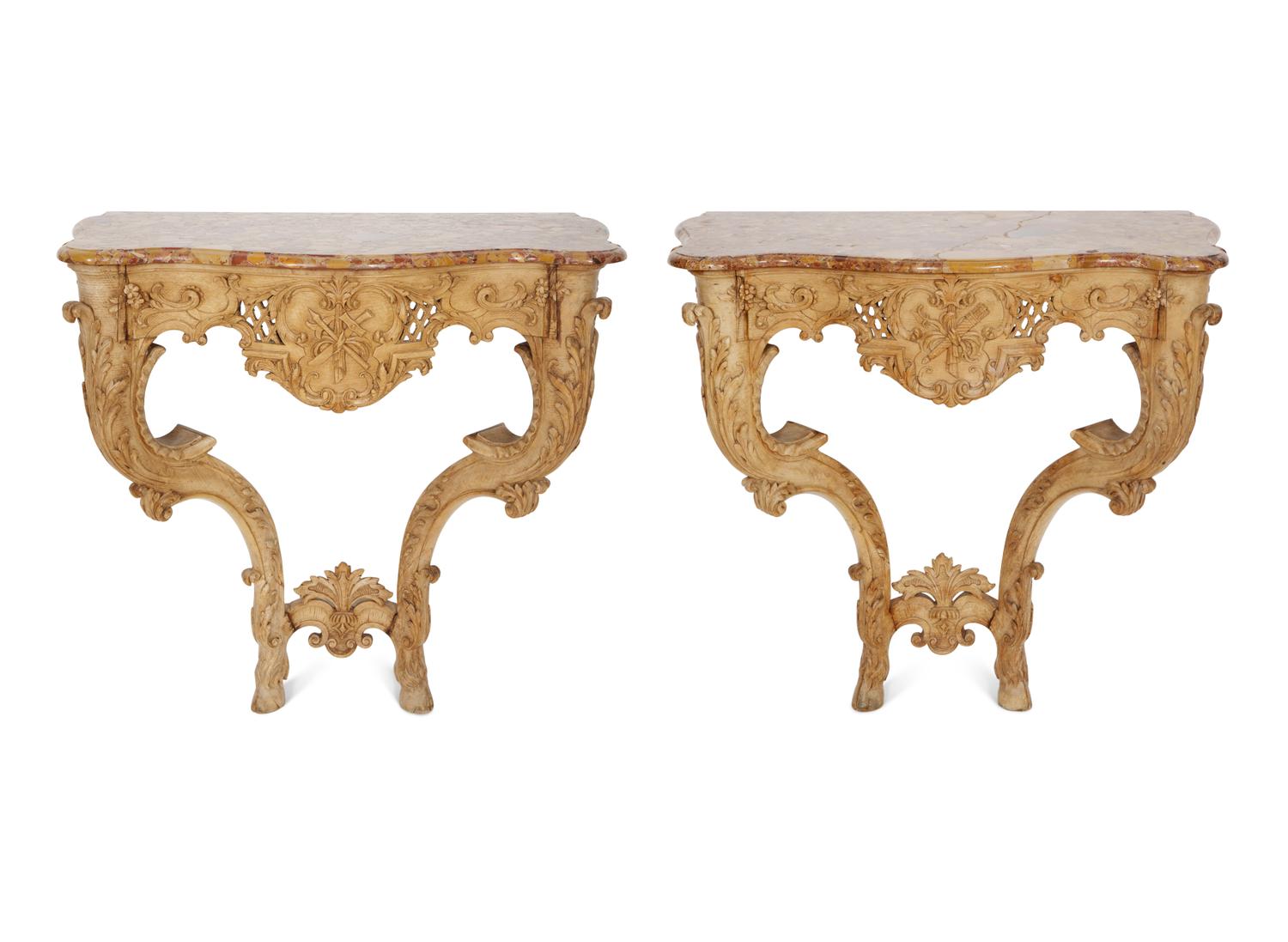 A Pair of Régence Carved Beechwood Marble-Top Console Tables