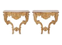 A Pair of Régence Carved Beechwood Marble-Top Console Tables