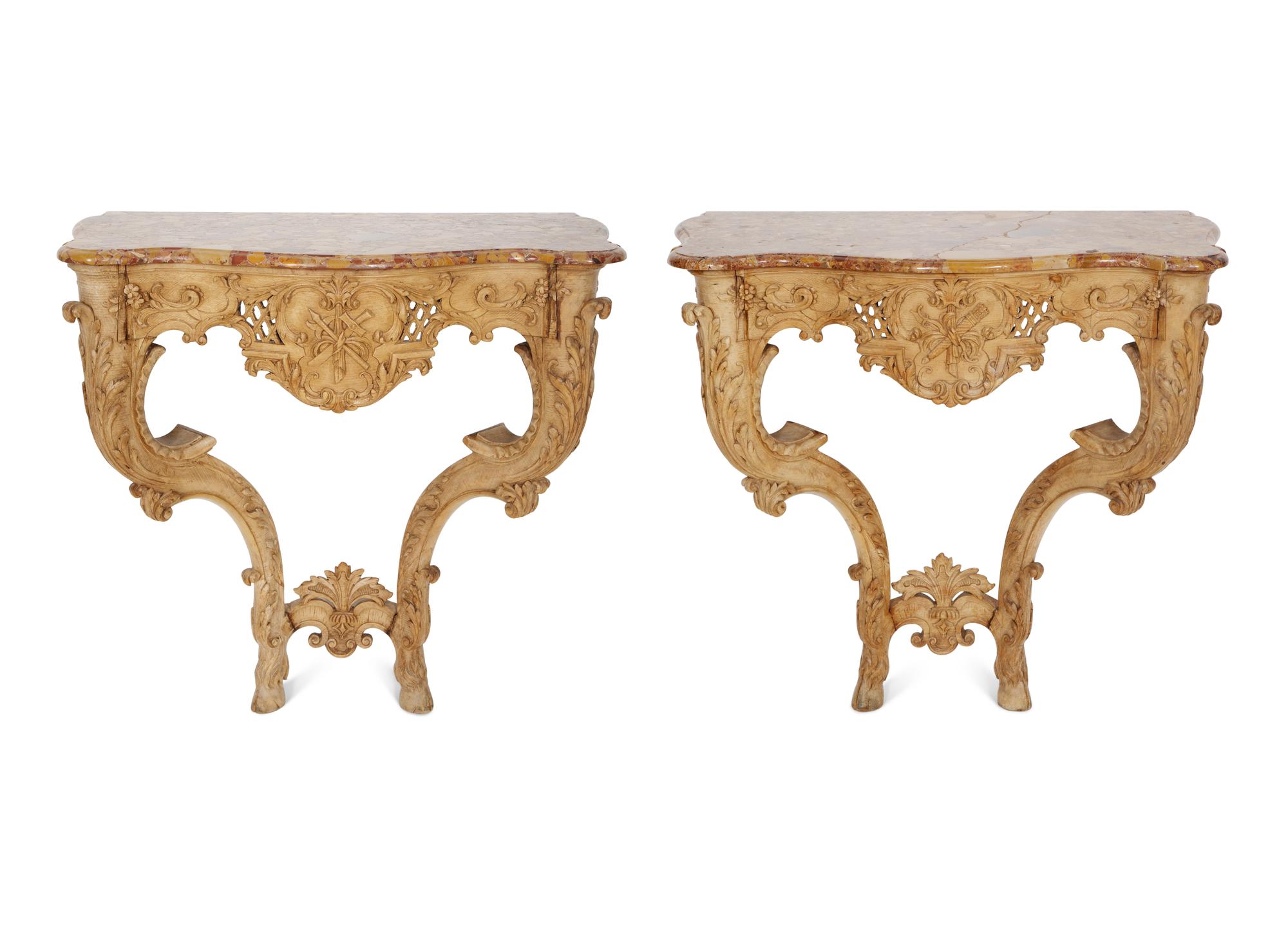 A Pair of Régence Carved Beechwood Marble-Top Console Tables