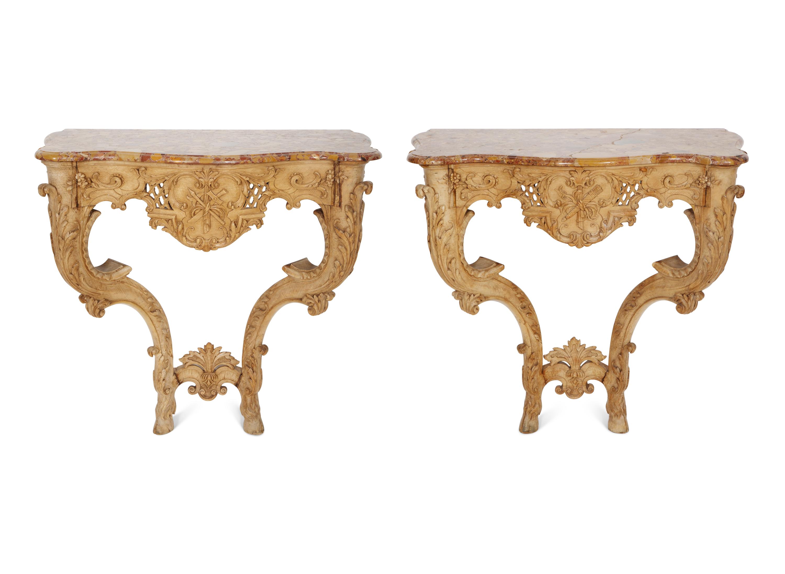 A Pair of Régence Carved Beechwood Marble-Top Console Tables