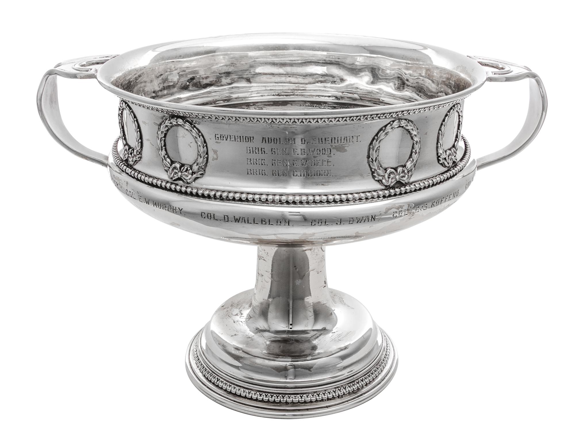 An American Silver-Plate Commemorative Center Bowl, Meriden Silver-Plate Company, Meriden, CT, Early 20th Century, of kylix form, the b