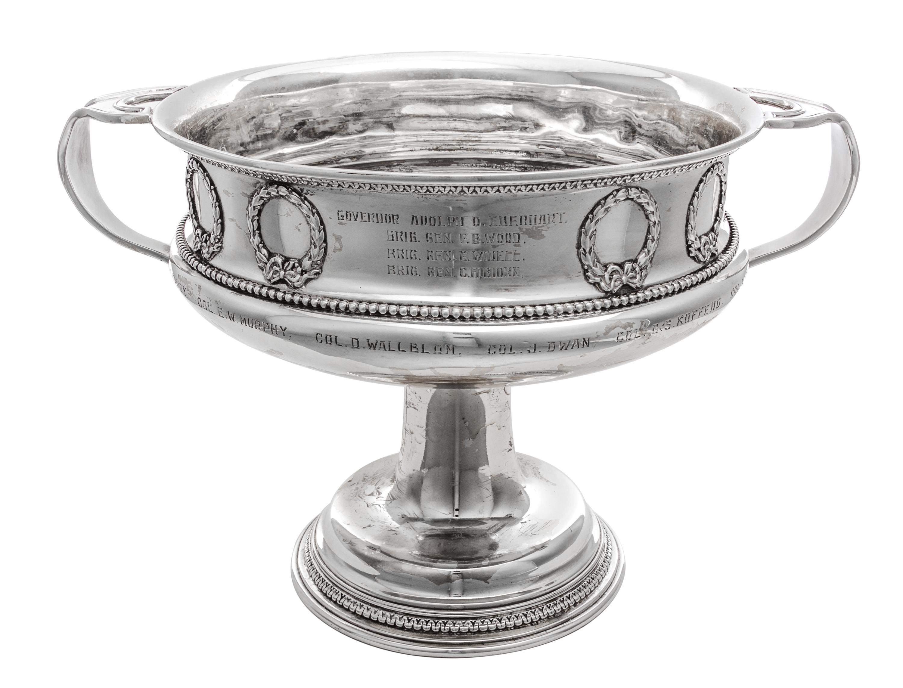 An American Silver-Plate Commemorative Center Bowl, Meriden Silver-Plate Company, Meriden, CT, Early 20th Century, of kylix form, the b