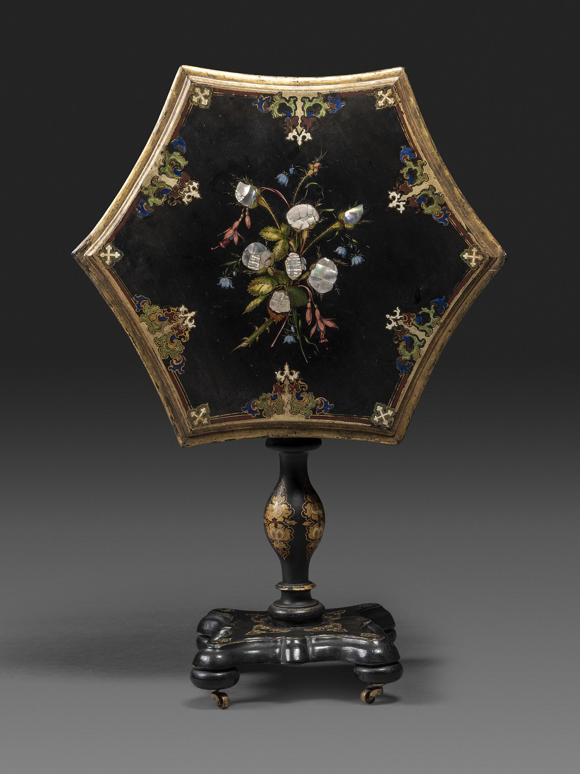 A Victorian Parcel-Gilt and Black Lacquered Mother-of-Pearl Inlaid Hexagonal Tilt-Top Tea Table