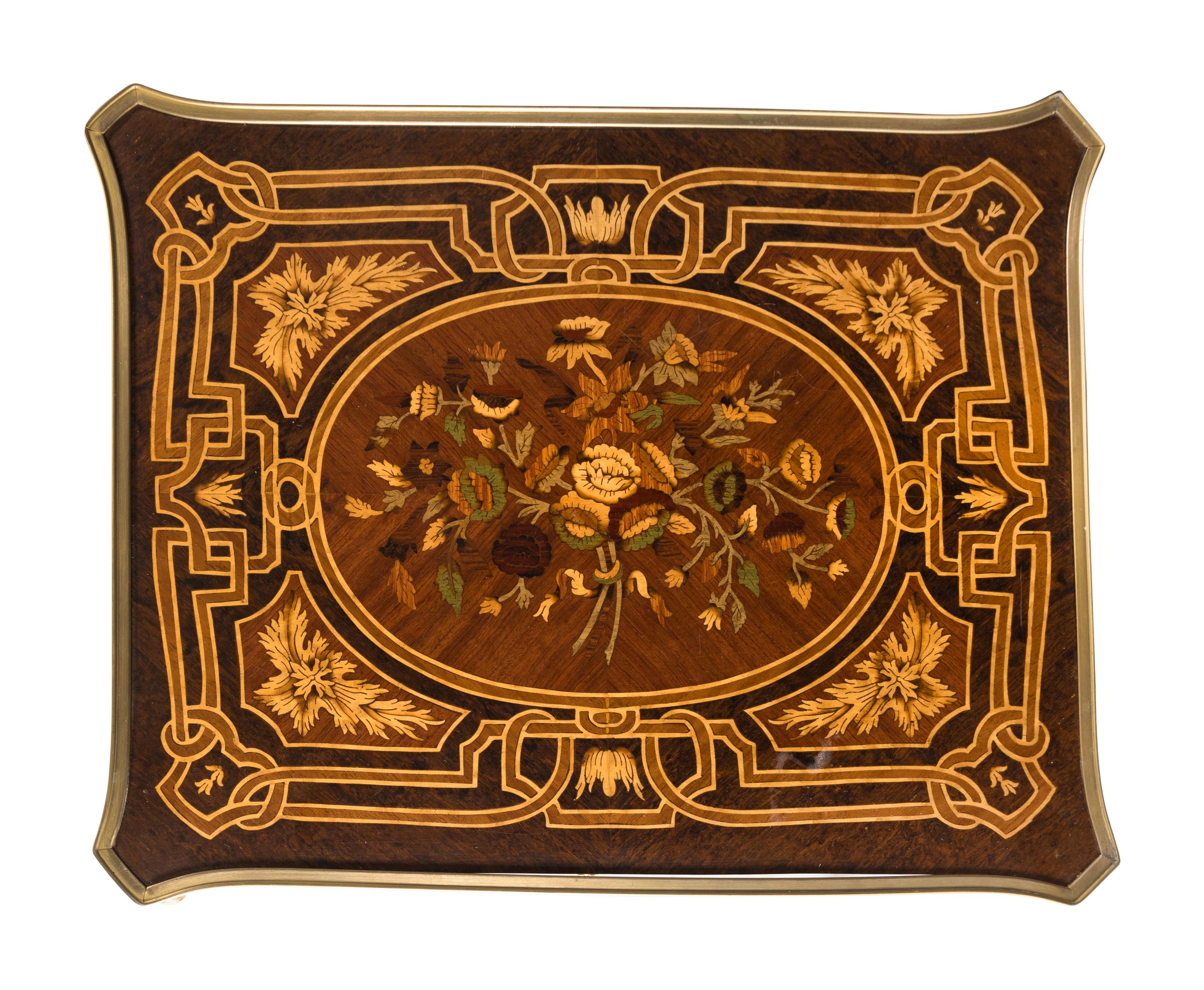 A Pair of Louis XV Style Gilt Bronze Mounted Marquetry Side Cabinets