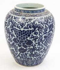 A Pair of Blue and White Porcelain Jars Height 14 1/2 inches.