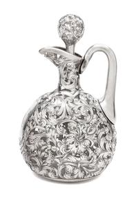 A Silver Overlay Glass Ewer Height 8 3/4 inches.