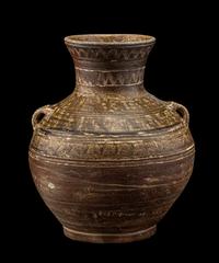 A Chinese Dark Green Glazed Pottery Handled Vase