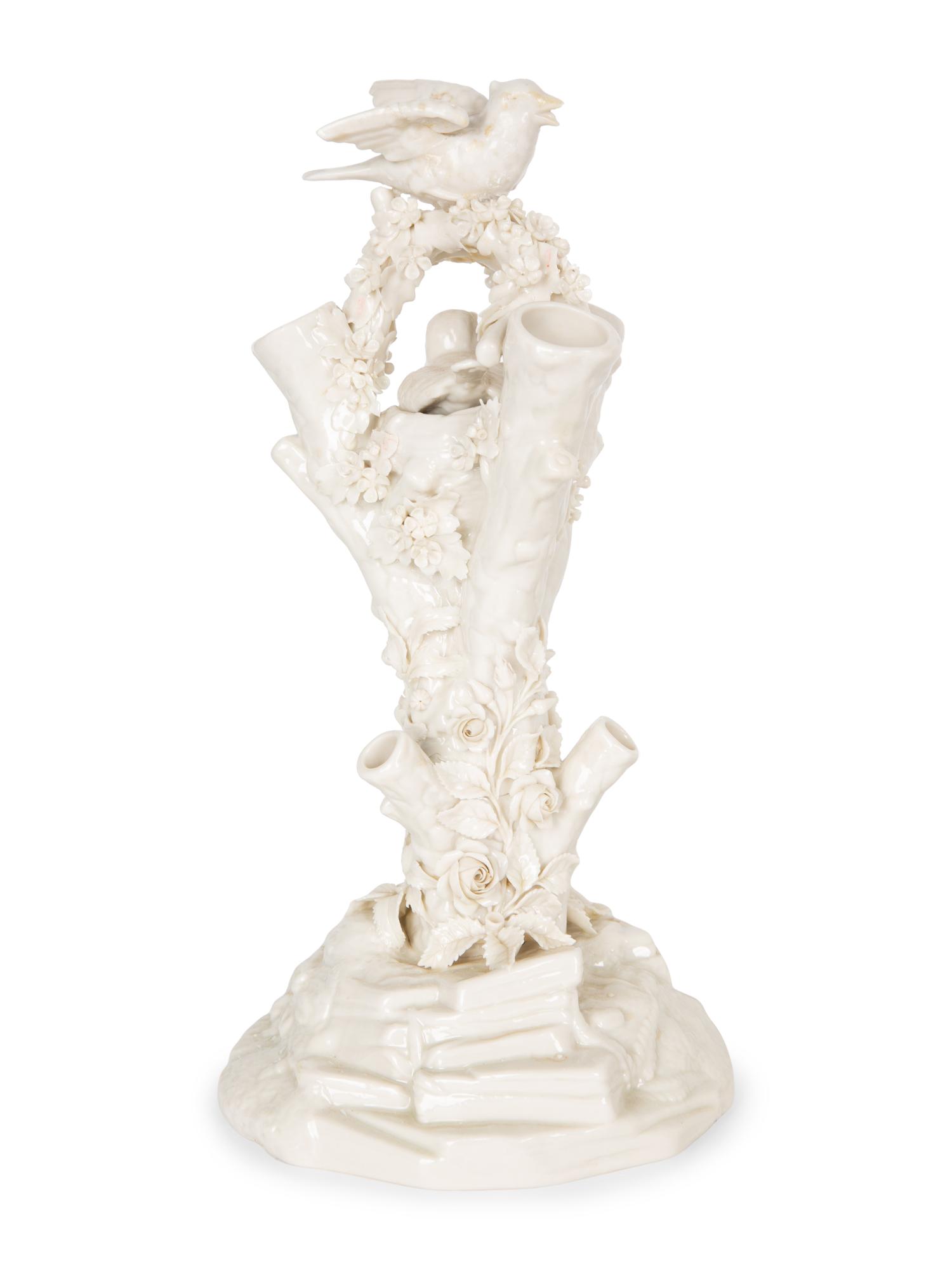 A Pair of Irish Belleek White Porcelain Bird's Nest Tree Stump Vases — LATE 19TH/EARLY 20TH CENTURY