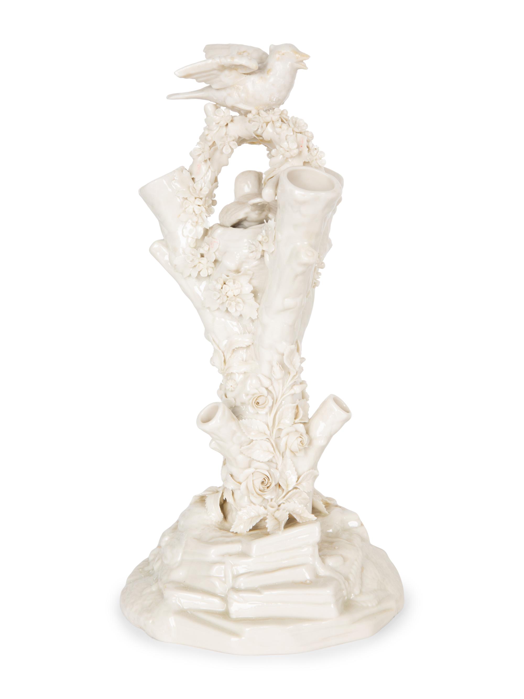 A Pair of Irish Belleek White Porcelain Bird's Nest Tree Stump Vases — LATE 19TH/EARLY 20TH CENTURY