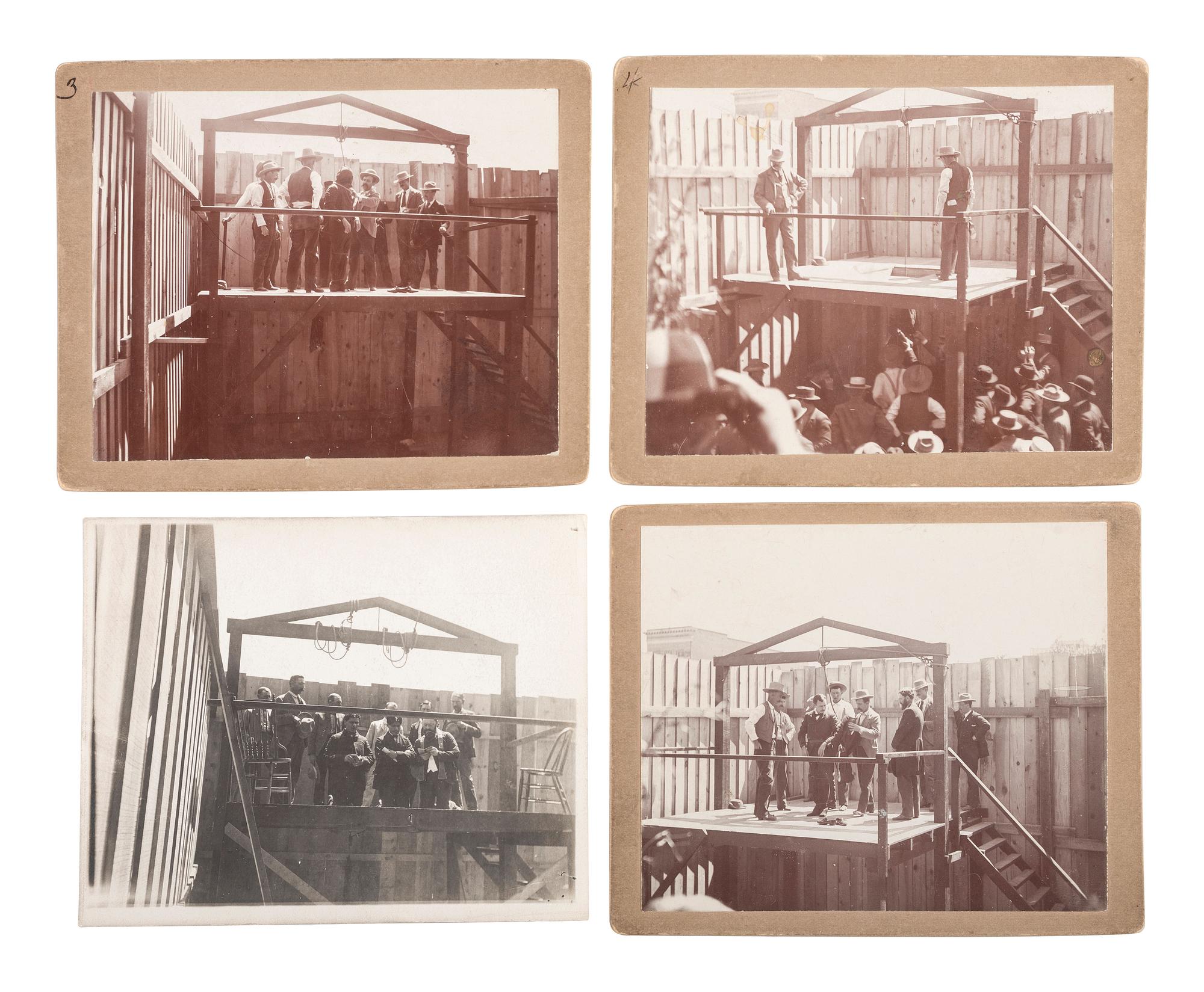 [OUTLAWS]. HAMAKER, H.L., photographer. A series of 3 photographs documenting the Prescott, Arizona, execution of Fleming Parker. Prescott, AZ: ca 1898.