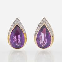 A Pair of 14K Yellow Gold, Amethyst, and Diamond Earrings