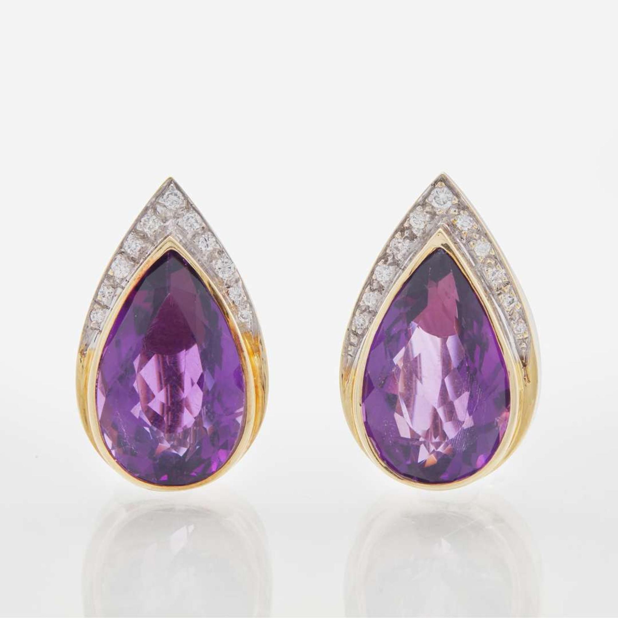 A Pair of 14K Yellow Gold, Amethyst, and Diamond Earrings