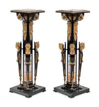 A Pair of Egyptian Revival Gilt Bronze and Porcelain Mounted Ebonized Pedestals