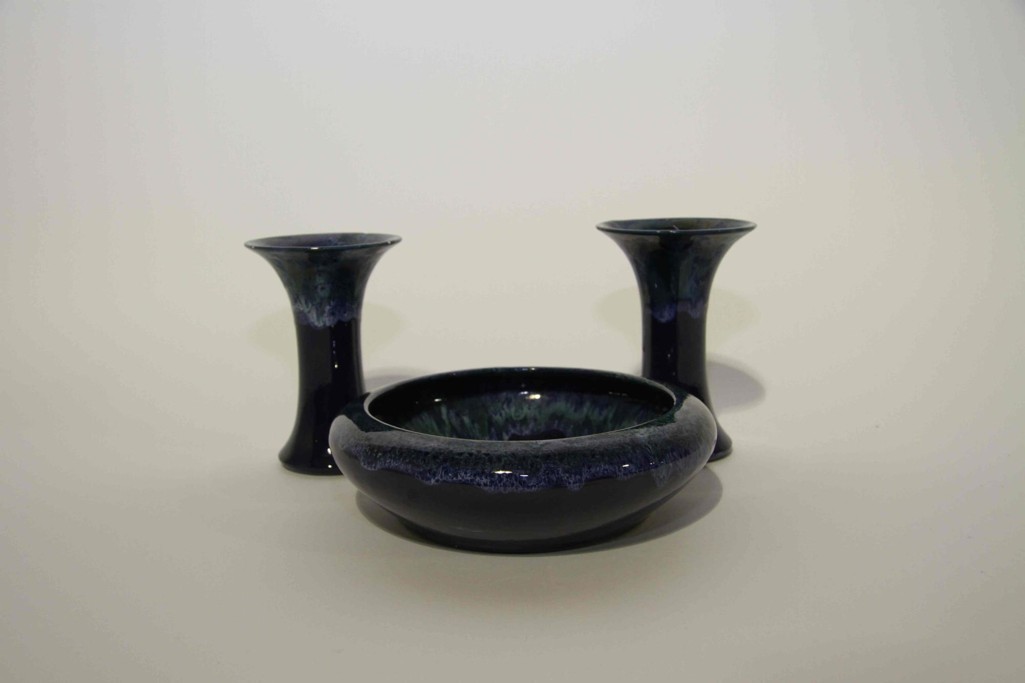 Three Early Haeger Pottery Table Articles Height of vases 6 1/4 inches. — 1918