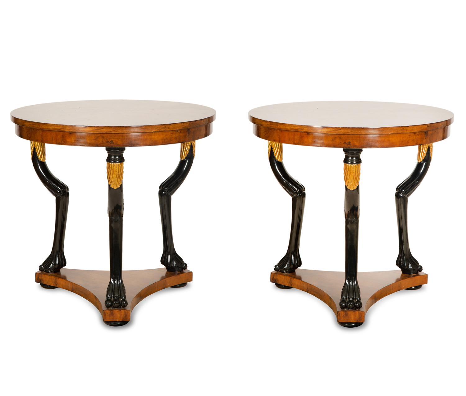 A Pair of Empire Style Walnut, Black Lacquer and Parcel Gilt Side Tables
