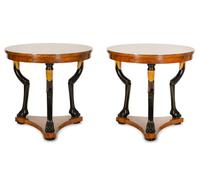 A Pair of Empire Style Walnut, Black Lacquer and Parcel Gilt Side Tables