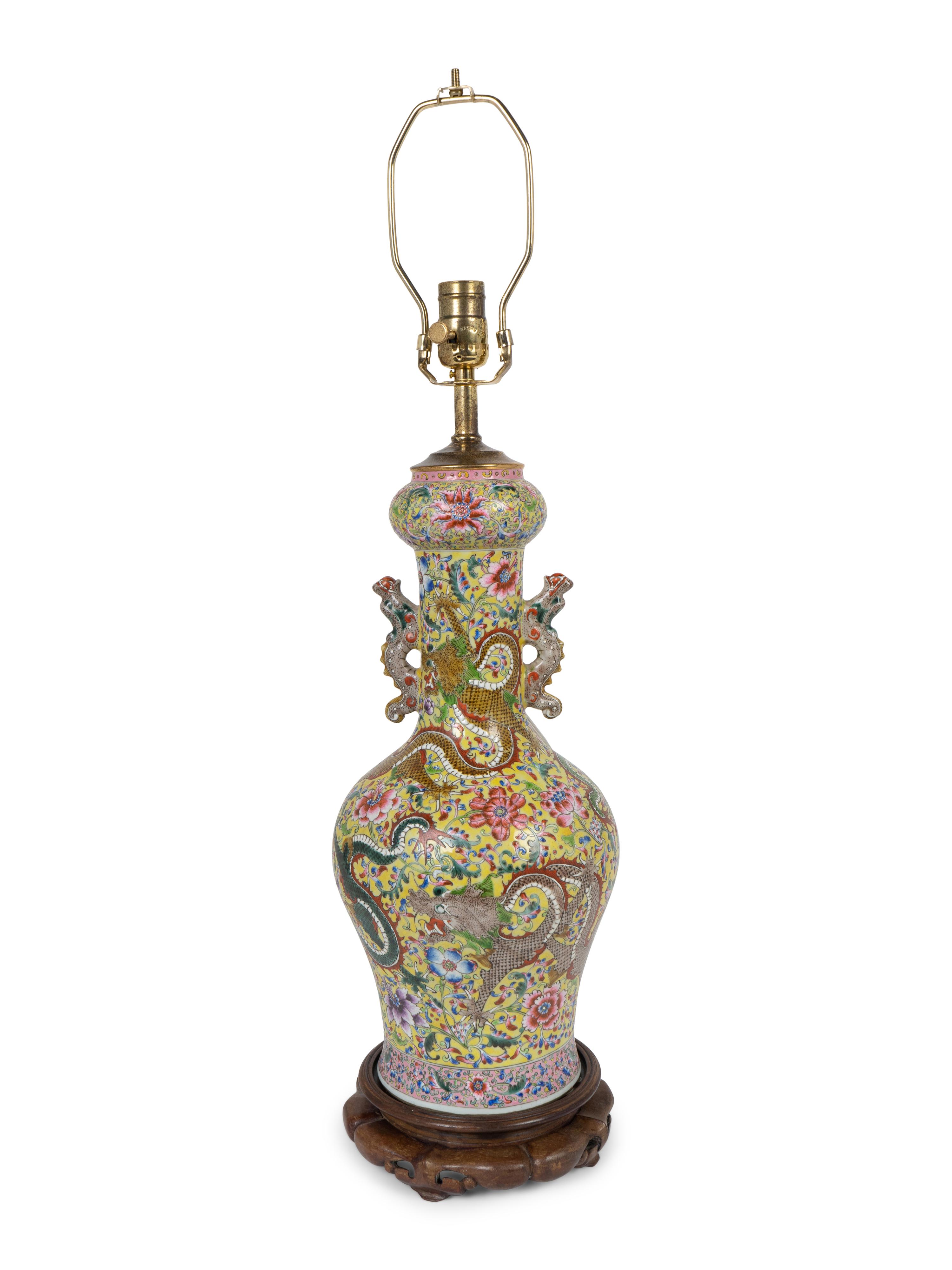 A Chinese Export Famille Jaune Porcelain Dragon Vase Mounted as a Lamp — 19TH/20TH CENTURY