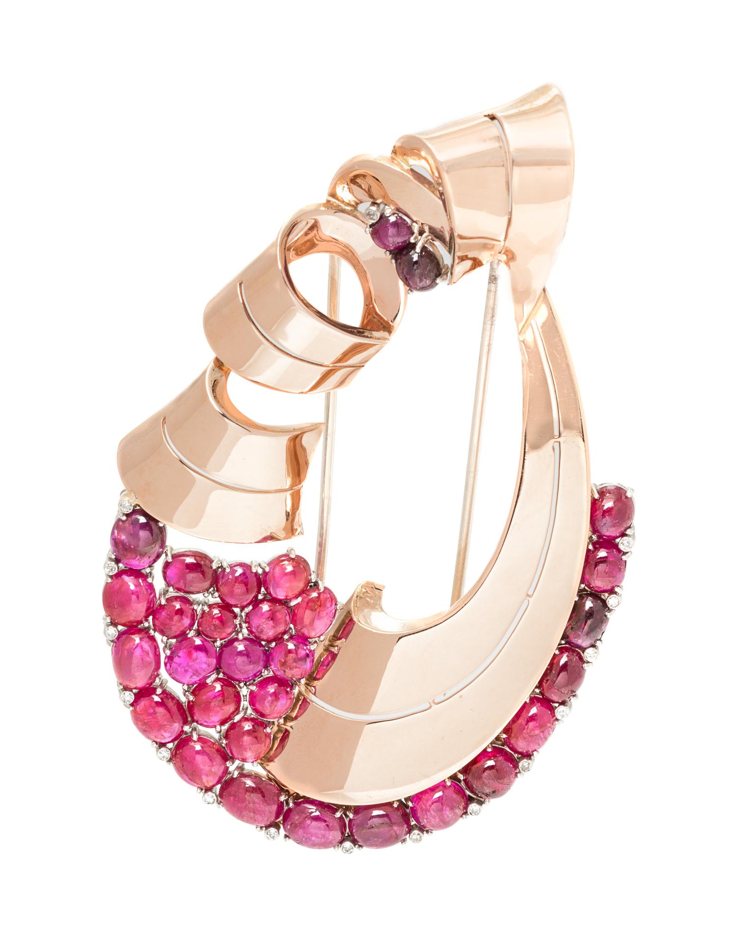 An Impressive Retro Rose Gold, Platinum, Ruby and Diamond Brooch, 36.60 dwts.