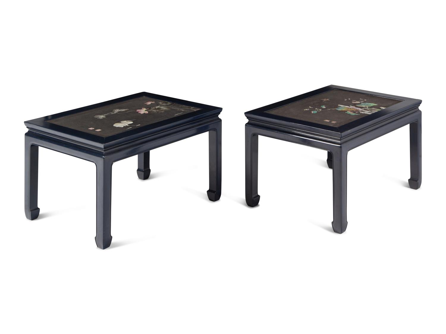 Two Chinese Porcelain-Inset Polychrome Lacquer Panels Mounted as Tables