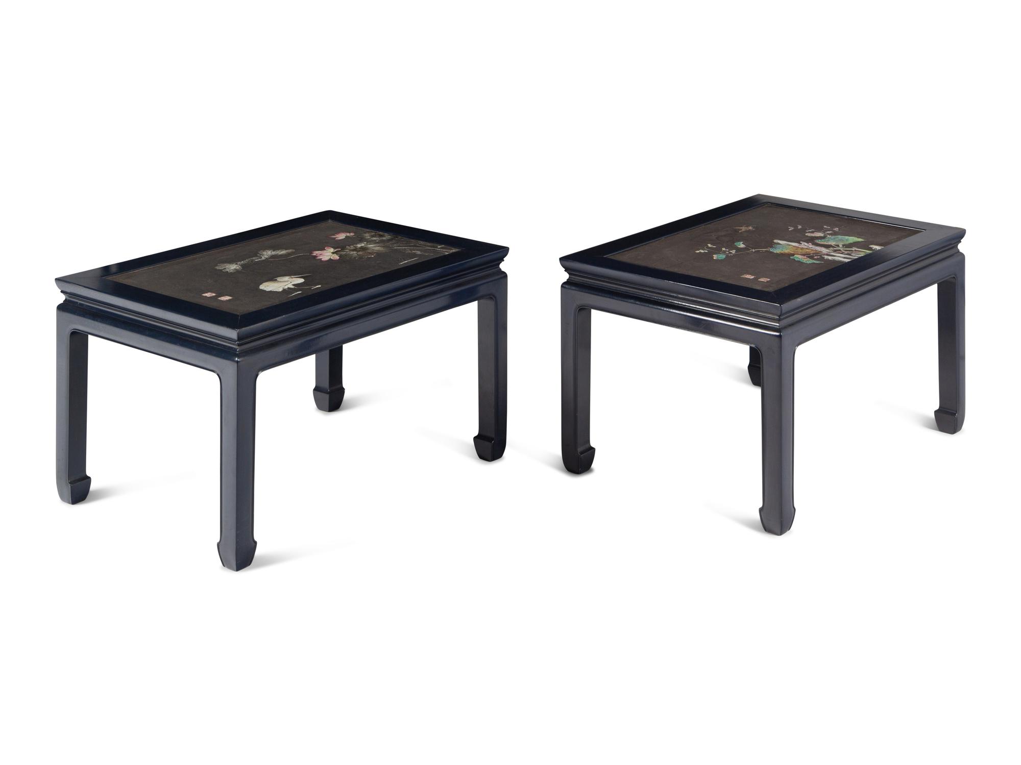 Two Chinese Porcelain-Inset Polychrome Lacquer Panels Mounted as Tables