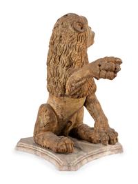 A Spanish Carved Wood and Polychrome Decorated Rampant Lion