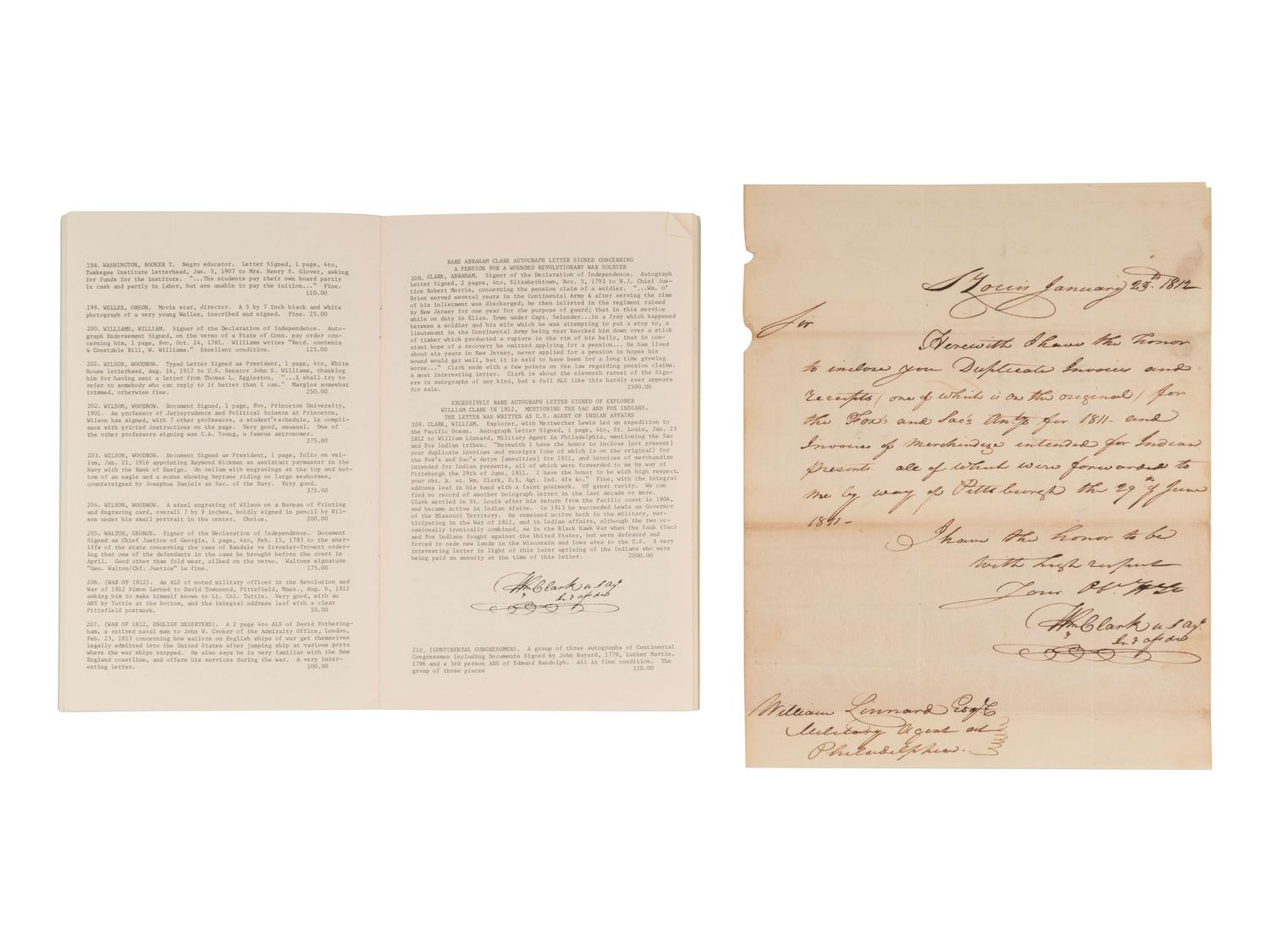 [NATIVE AMERICANS]. CLARK, William (1770-1838). Autograph letter signed ("Wm Clark") as US Agent of Indian Affairs, to William Linnard, Esq. St. Louis, MO, 23 January 1812.