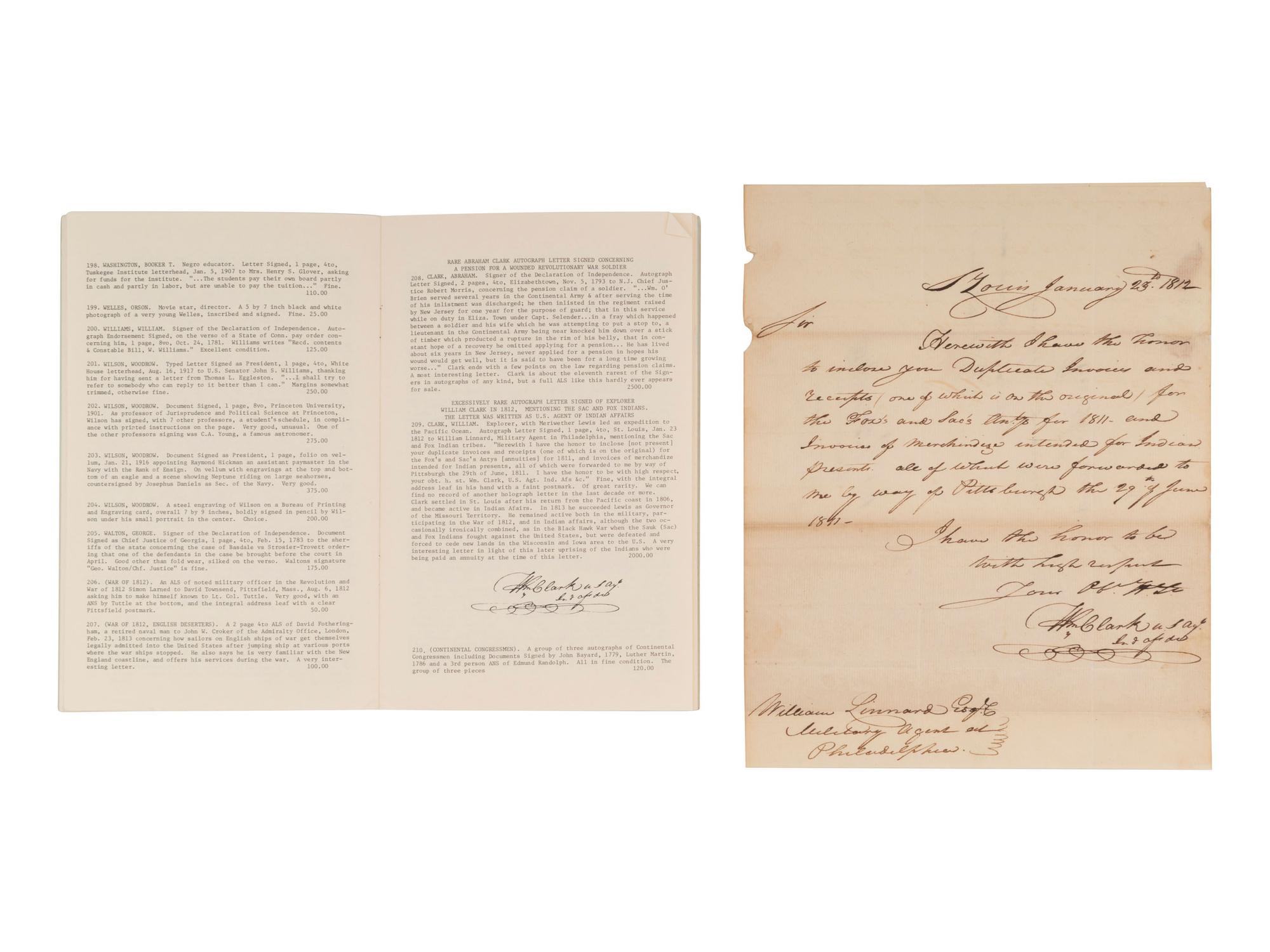 [NATIVE AMERICANS]. CLARK, William (1770-1838). Autograph letter signed ("Wm Clark") as US Agent of Indian Affairs, to William Linnard, Esq. St. Louis, MO, 23 January 1812.