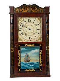 A Federal Mahogany and Reverse Painted Glass Inset Pillar and Scroll Mantle Clock — 19TH CENTURY