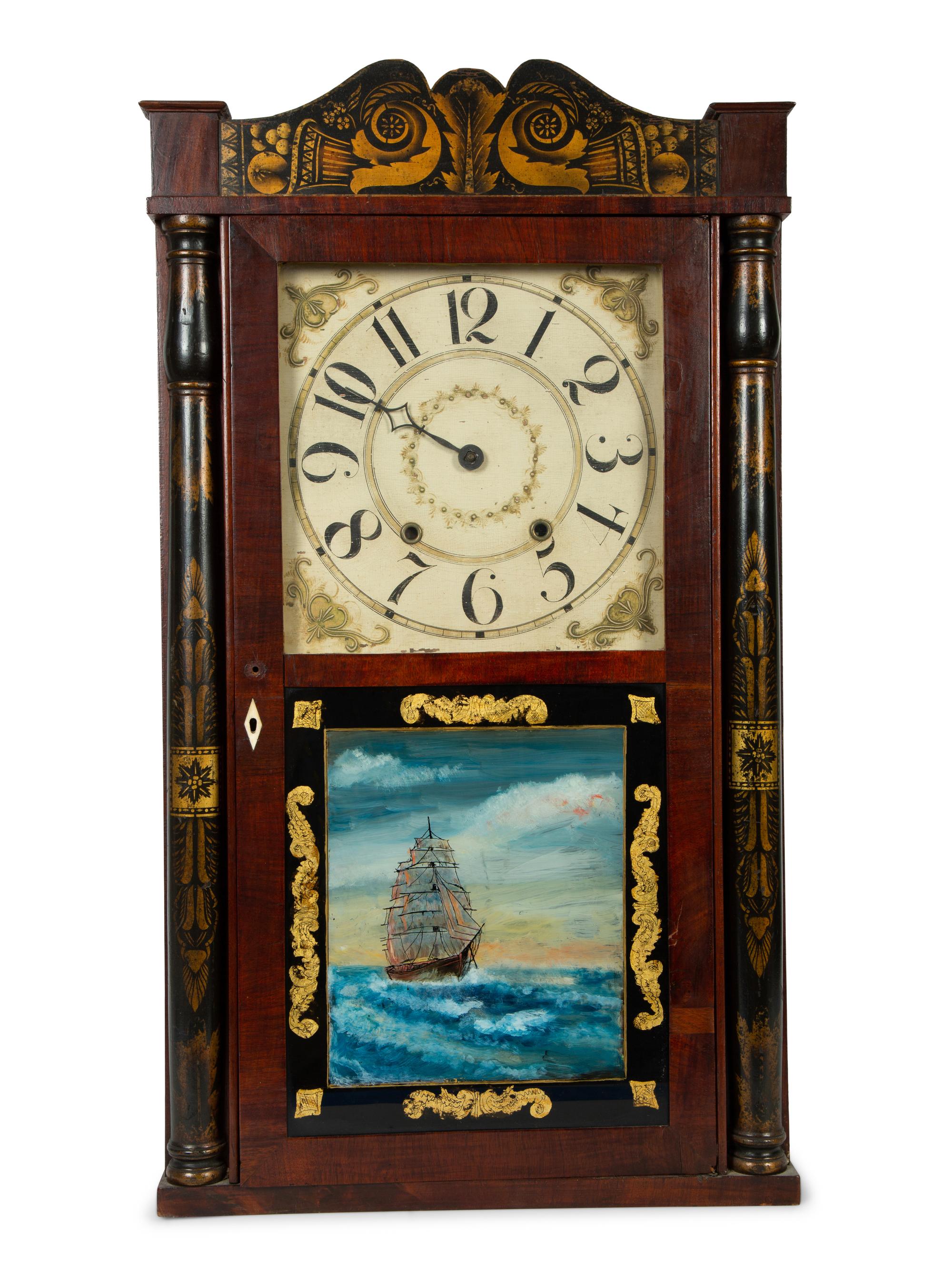 A Federal Mahogany and Reverse Painted Glass Inset Pillar and Scroll Mantle Clock — 19TH CENTURY