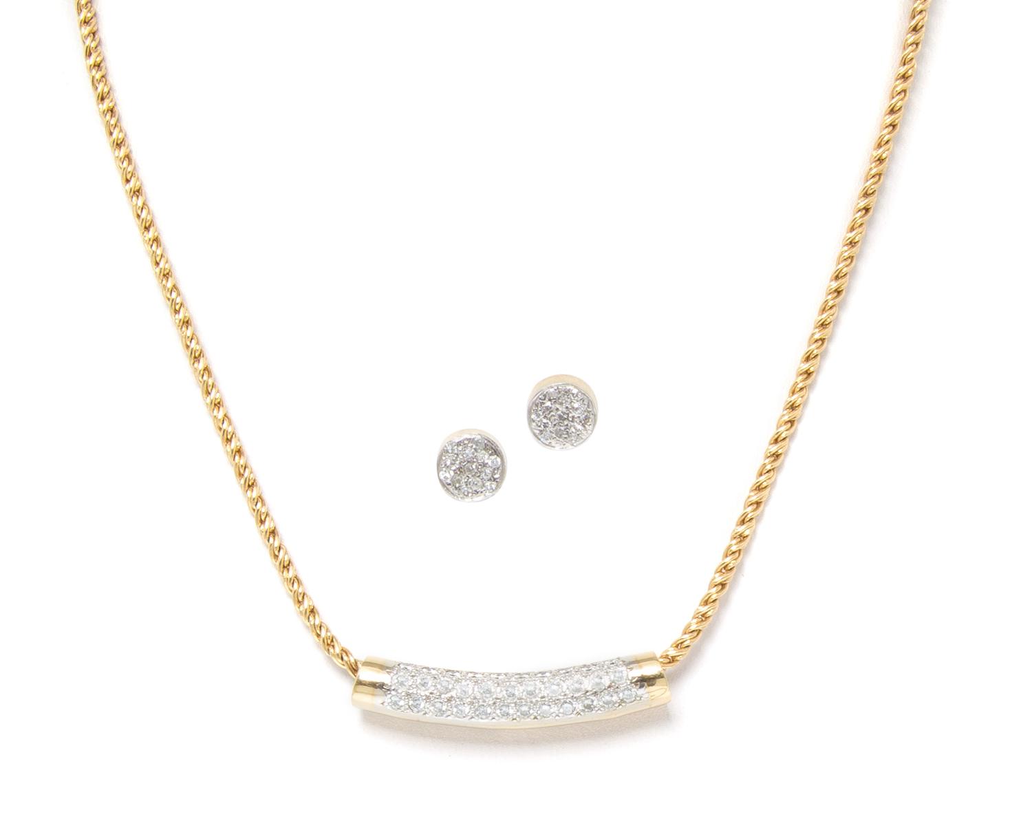 A 14 Karat Yellow Gold and Diamond Necklace and Earrings, 12.20 dwts.
