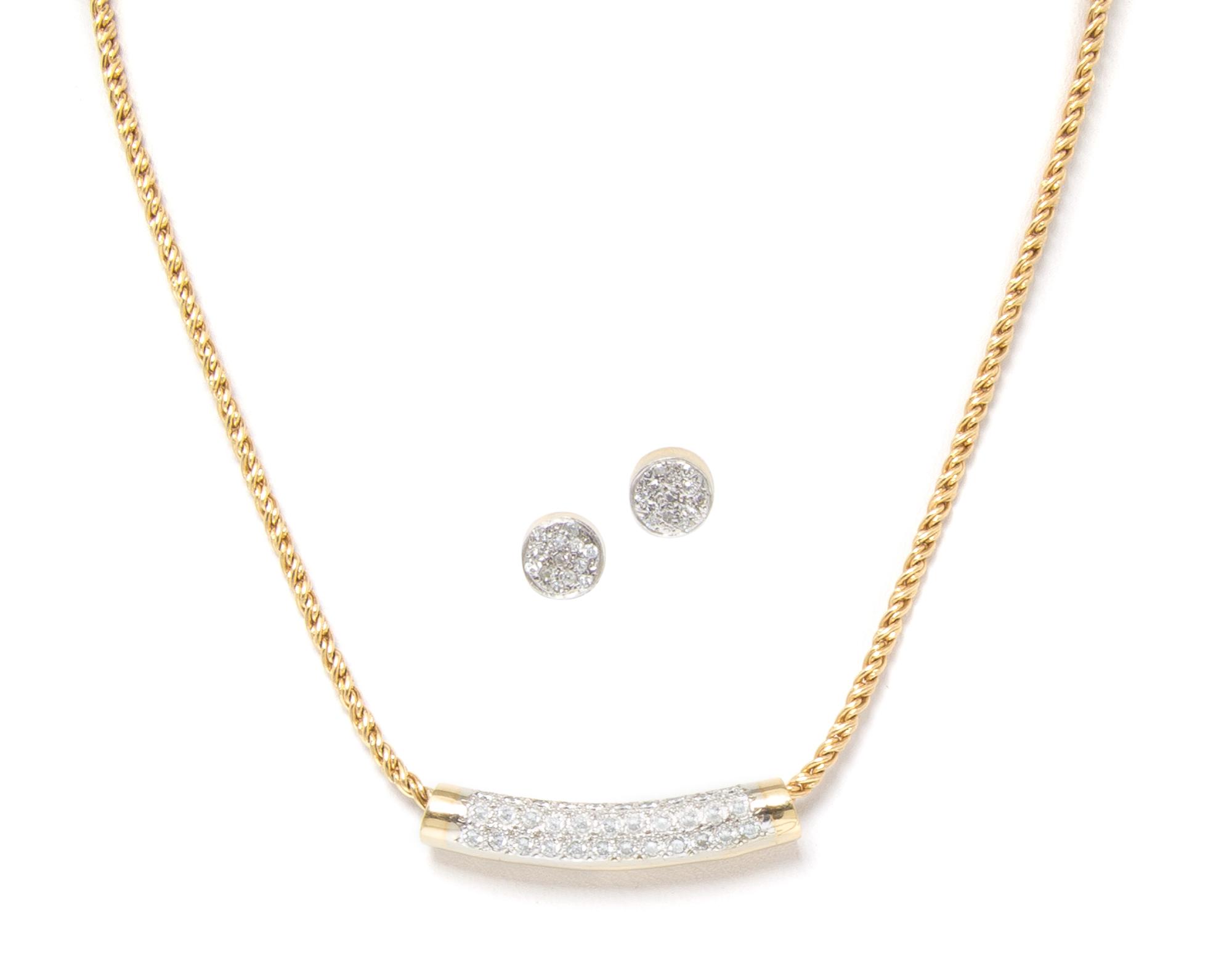 A 14 Karat Yellow Gold and Diamond Necklace and Earrings, 12.20 dwts.