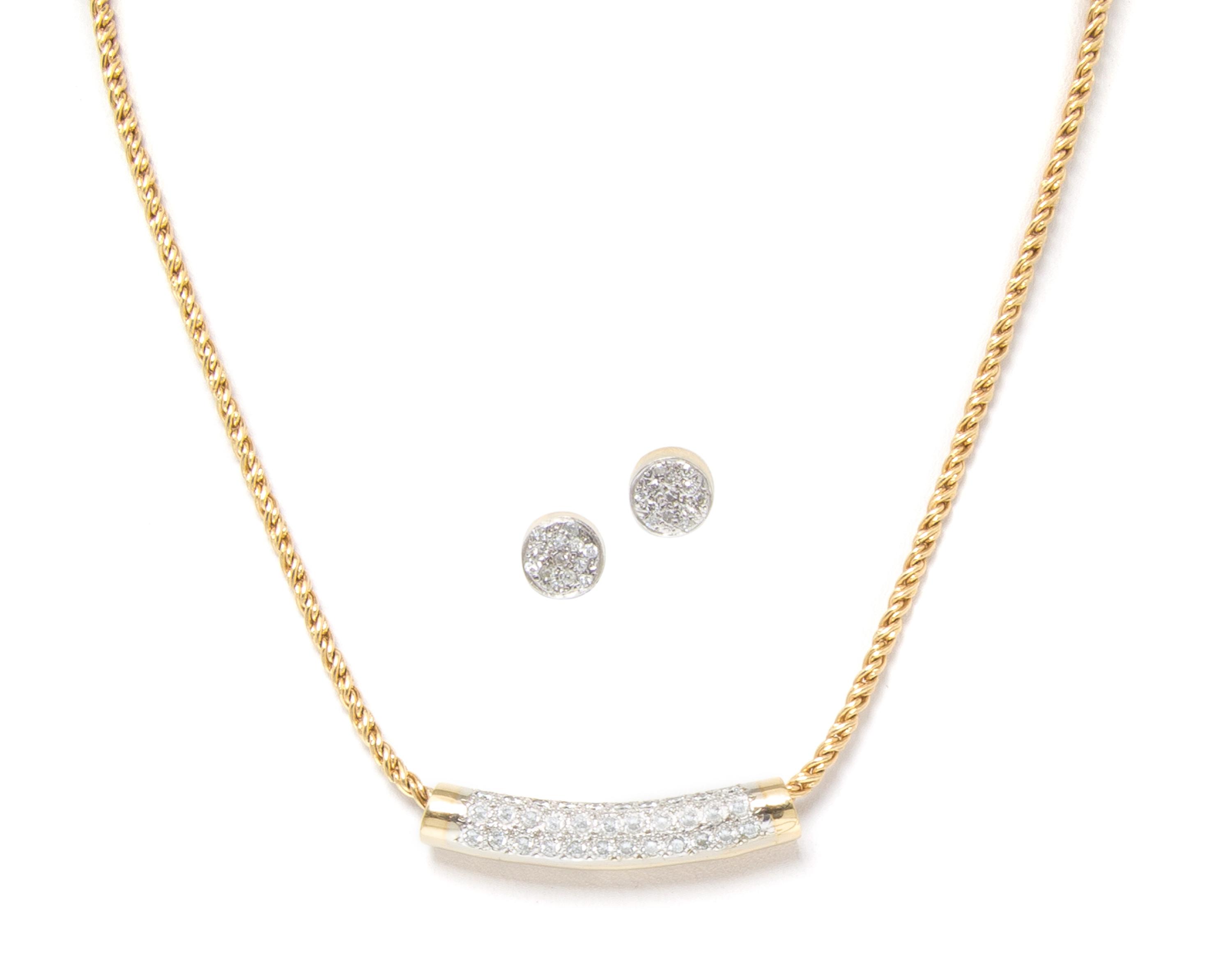 A 14 Karat Yellow Gold and Diamond Necklace and Earrings, 12.20 dwts.