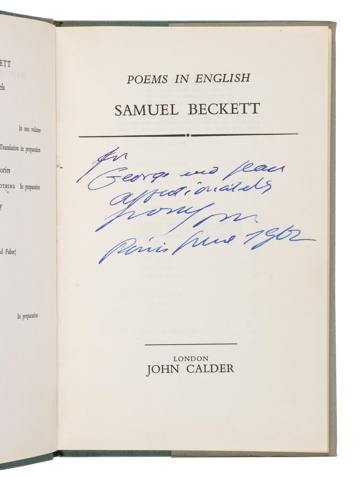 BECKETT, Samuel (1906-1989). Poems in English . London: John Calder, 1961.