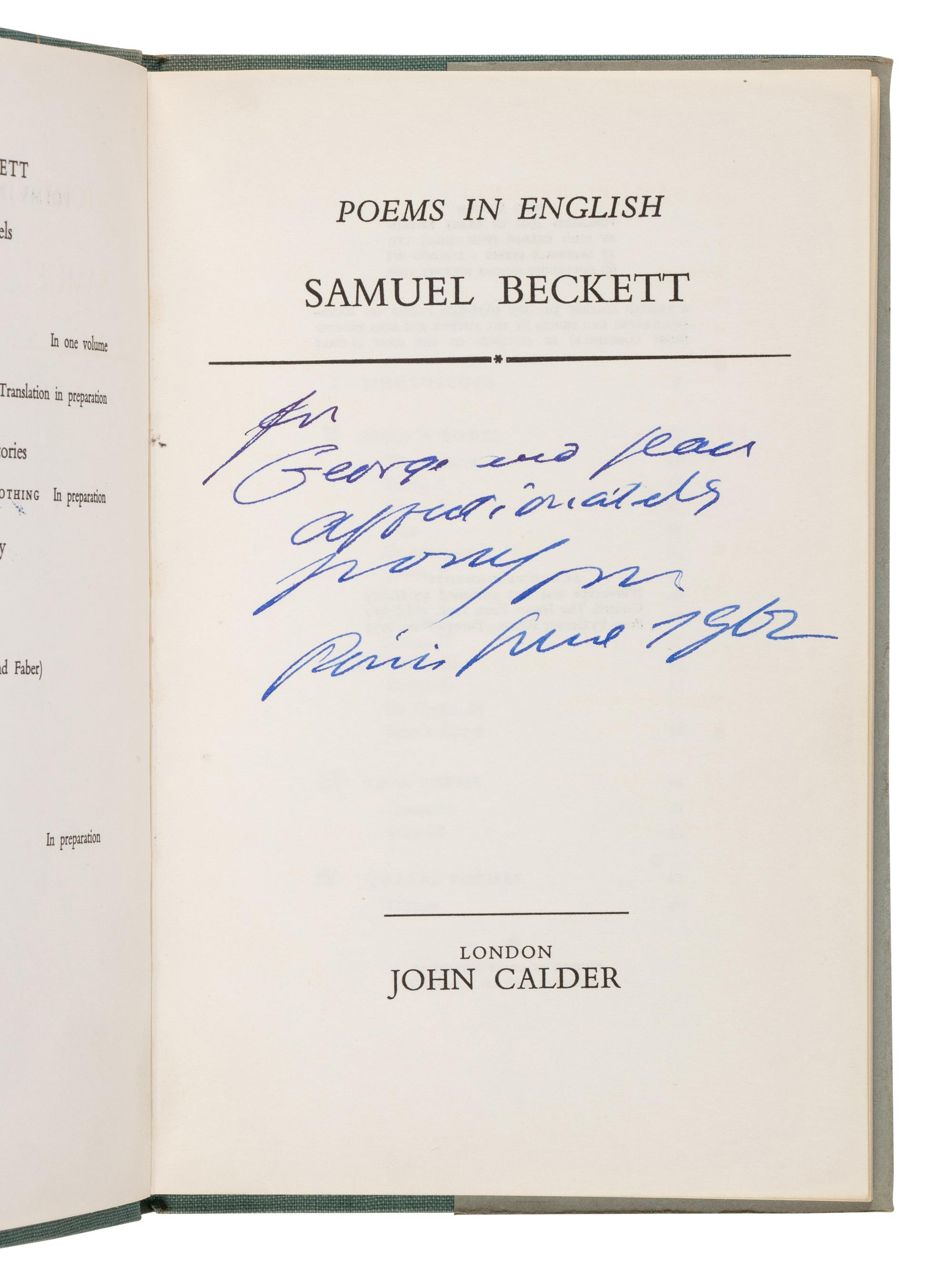 BECKETT, Samuel (1906-1989). Poems in English . London: John Calder, 1961.