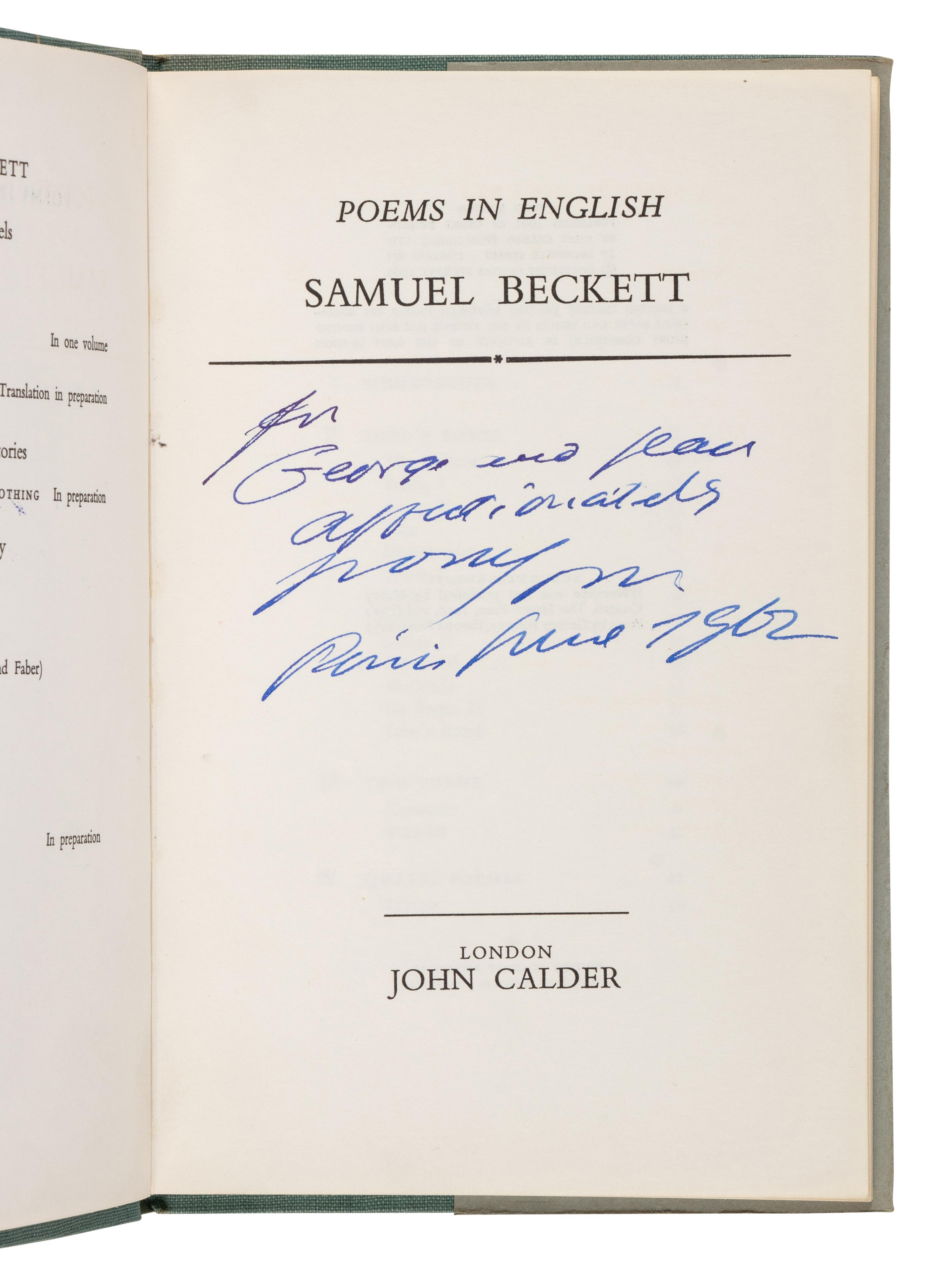 BECKETT, Samuel (1906-1989). Poems in English . London: John Calder, 1961.