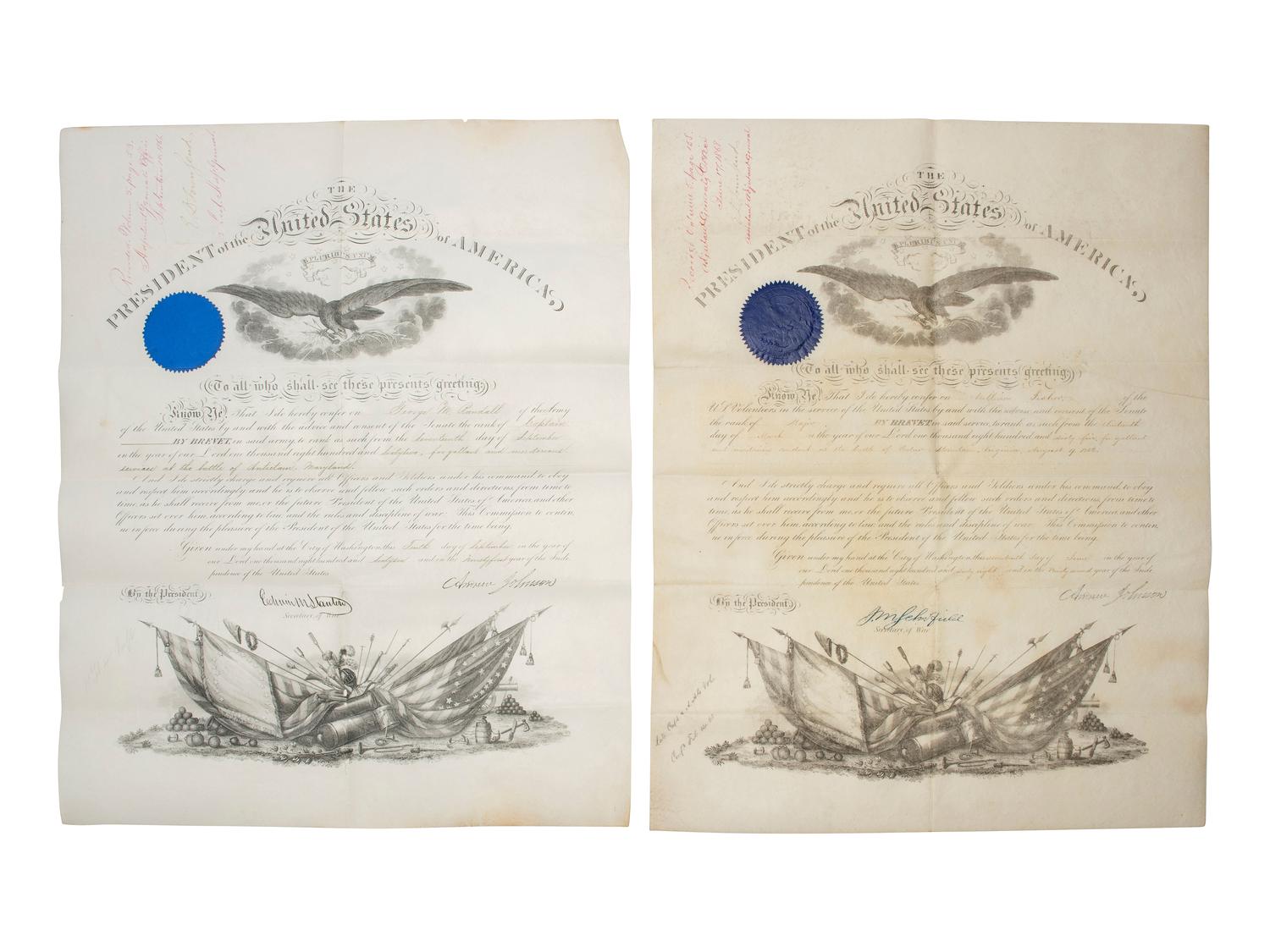 [CIVIL WAR]. JOHNSON, Andrew (1808-1875). Two military commissions stamp signed ("Andrew Johnson") as President, for gallantry at Antietam and Cedar Mountain.