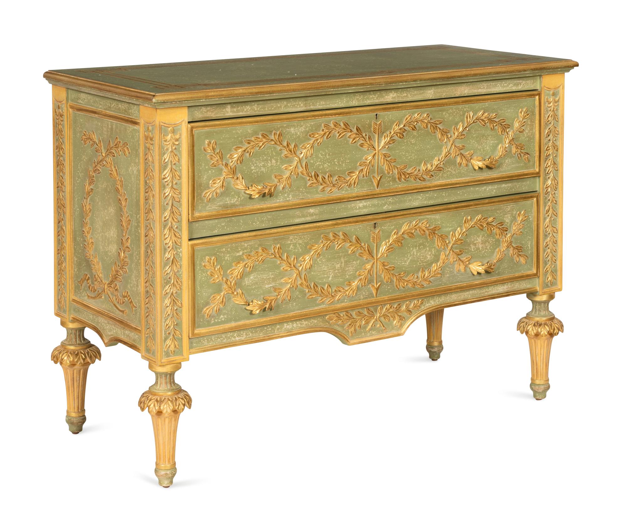 A Pair of Italian Neoclassical Style Green-Painted and Parcel Gilt Commodes