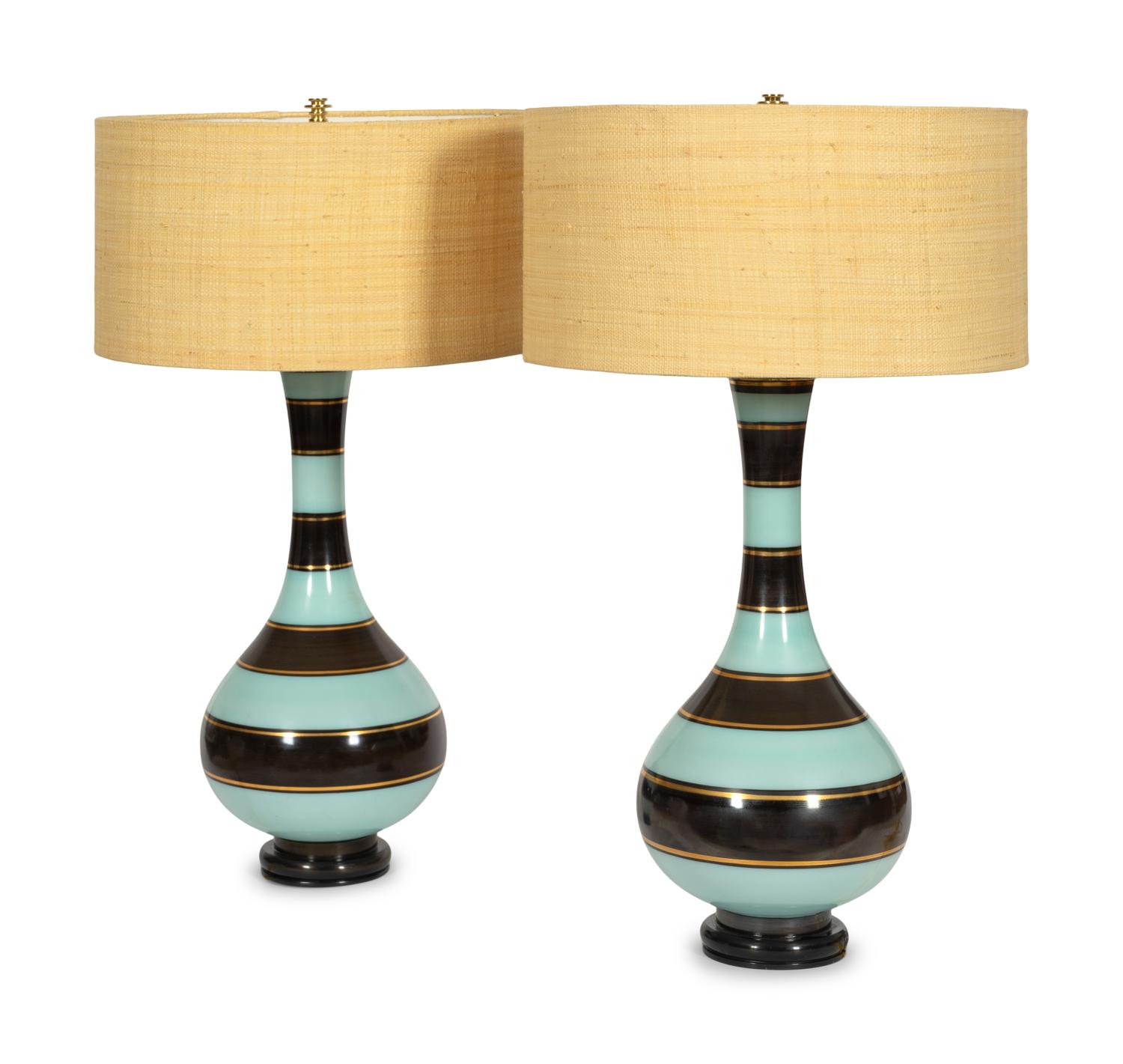 A Pair of French Art Deco Striped Opaline Glass Lamps