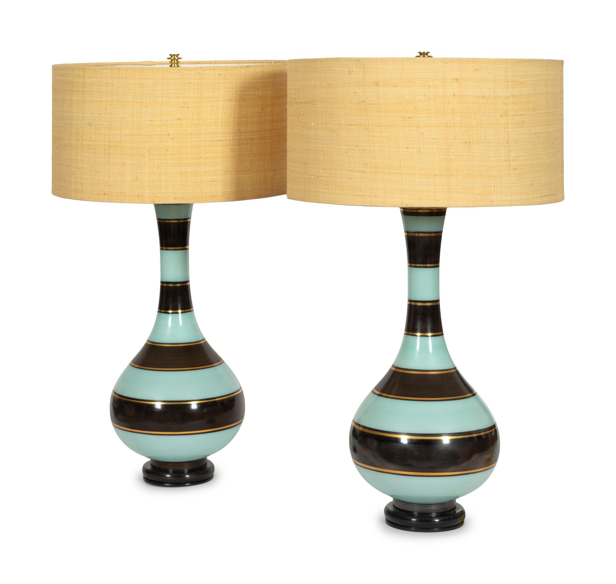 A Pair of French Art Deco Striped Opaline Glass Lamps
